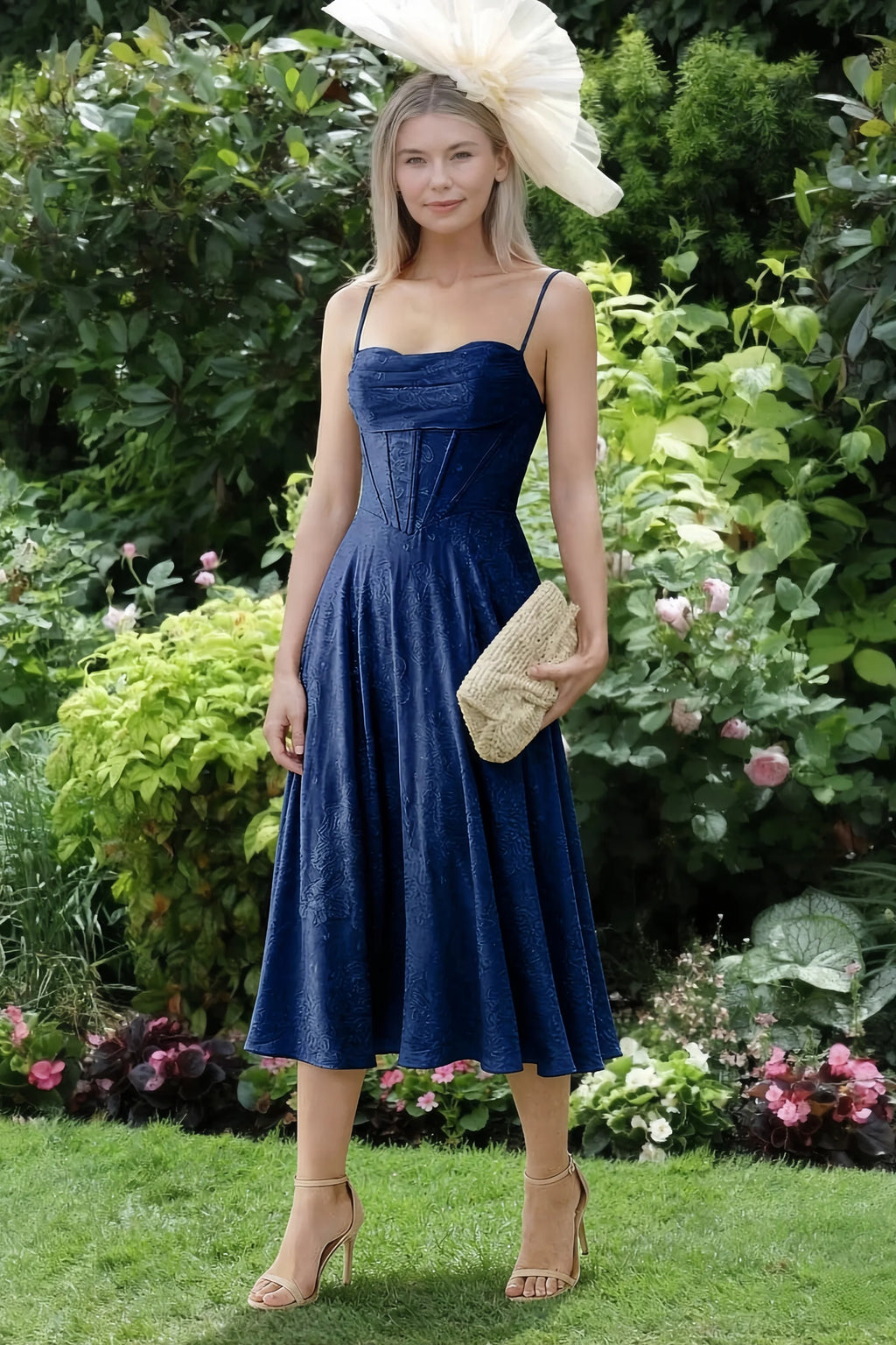 Aileen Navy Jacquard Pleated Lace-up Midi Dress