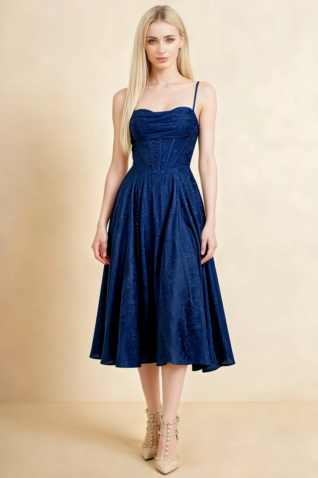 Aileen Navy Jacquard Pleated Lace-up Midi Dress