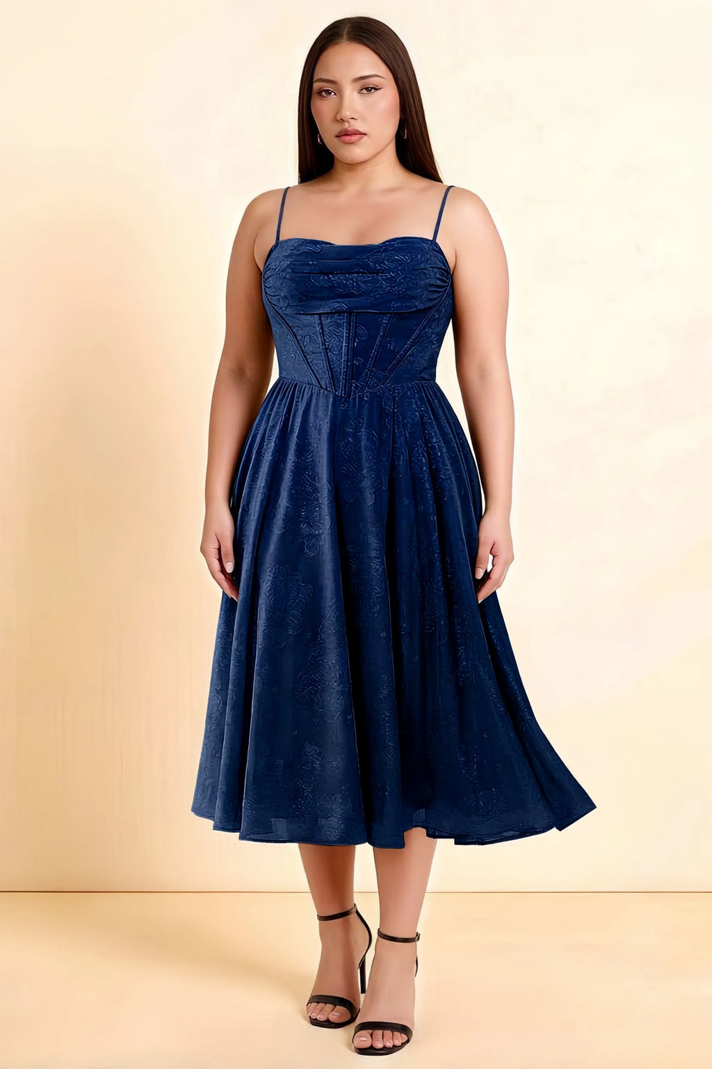 Aileen Navy Jacquard Pleated Lace-up Midi Dress