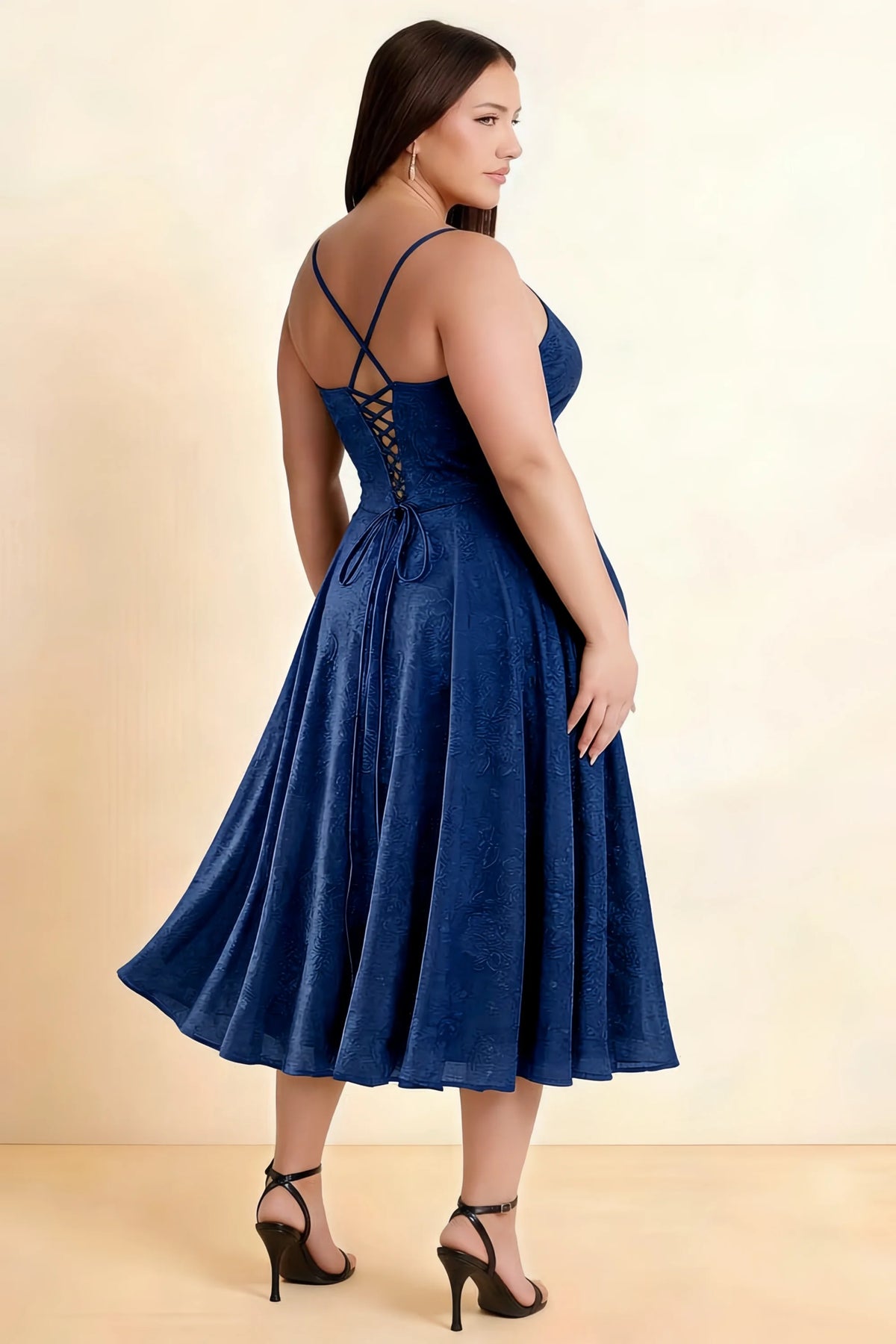 Aileen Navy Jacquard Pleated Lace-up Midi Dress