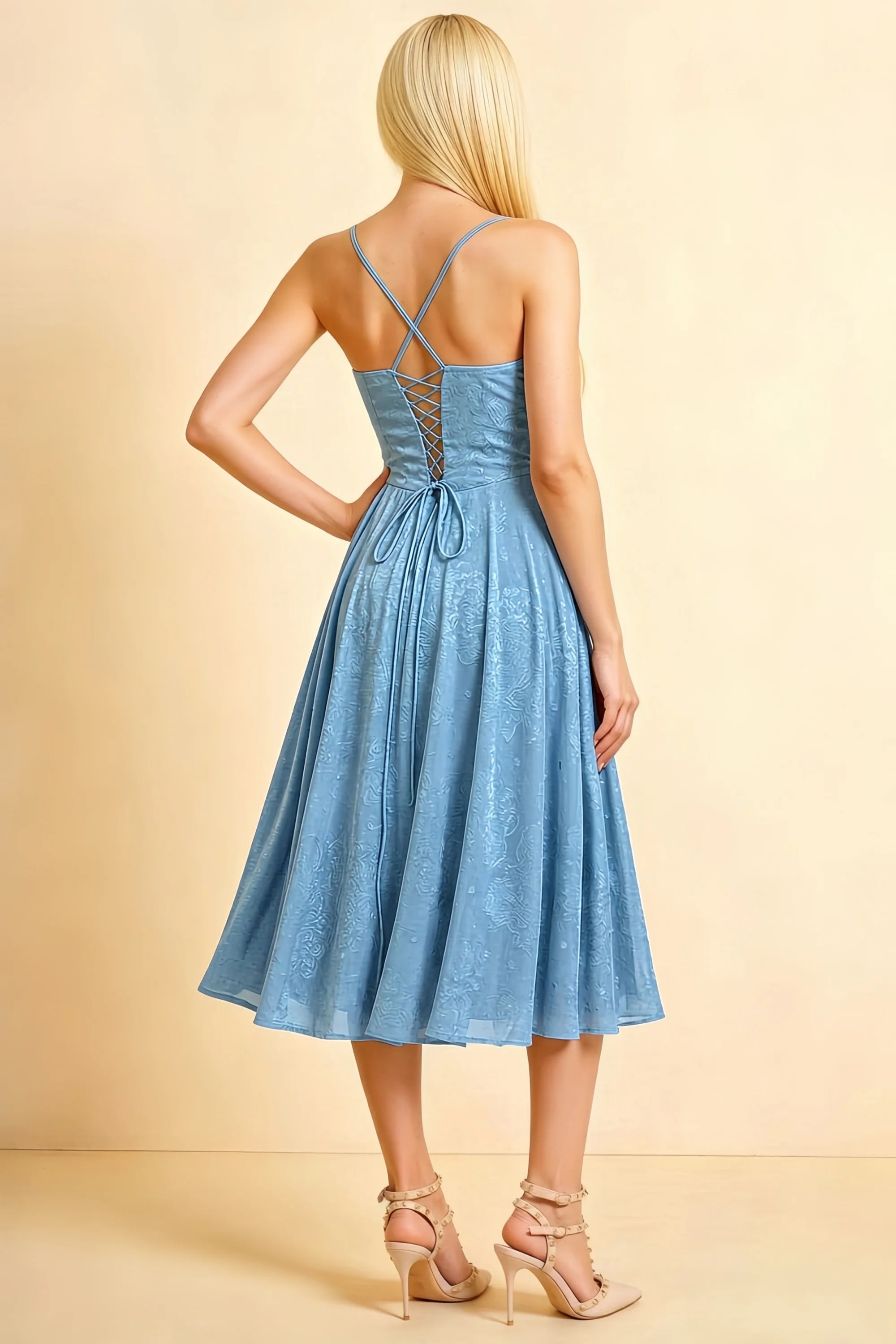 Aileen Powder Blue Jacquard Pleated Lace-up Midi Dress Secondary image