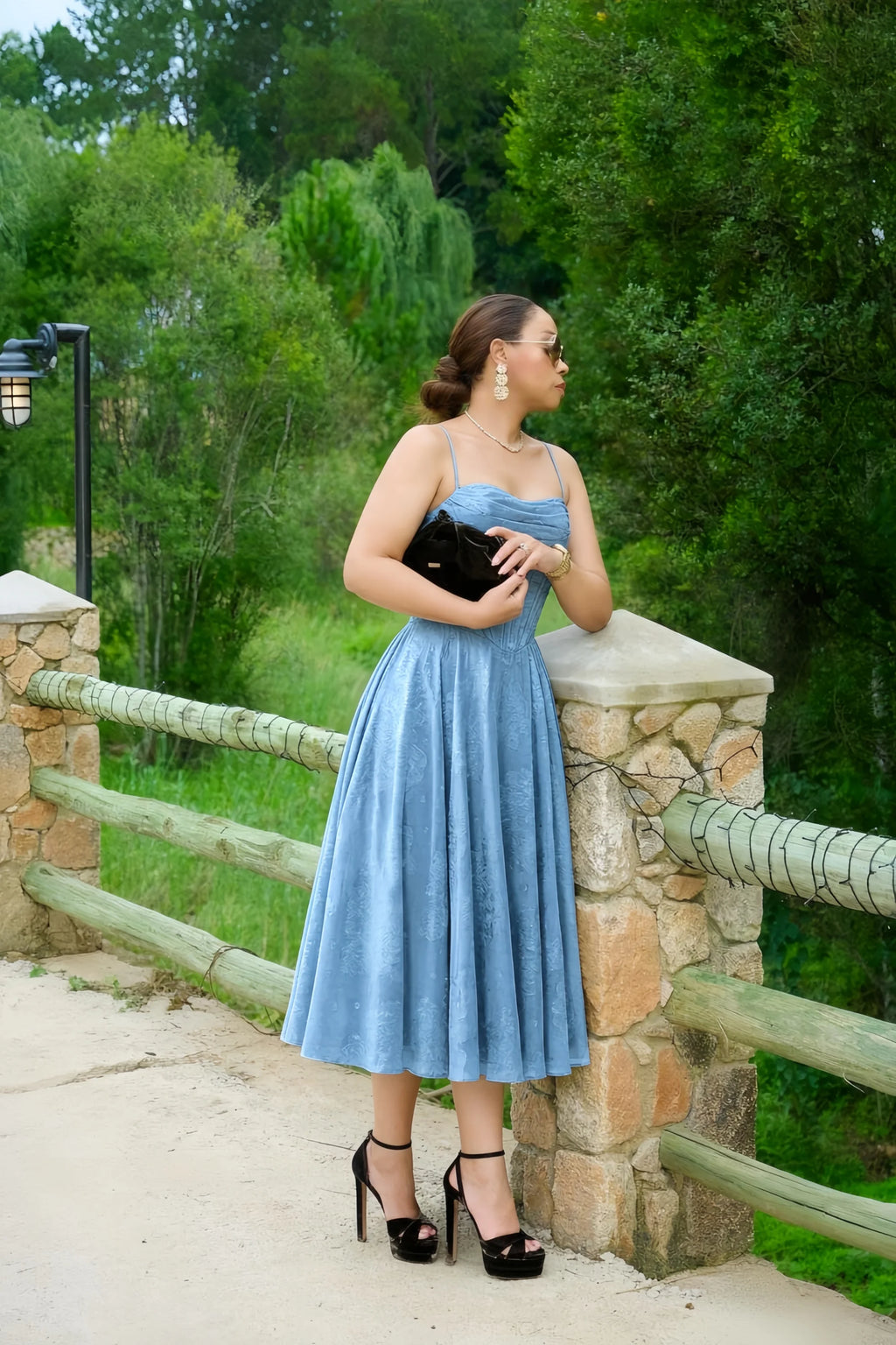 Aileen Powder Blue Jacquard Pleated Lace-up Midi Dress