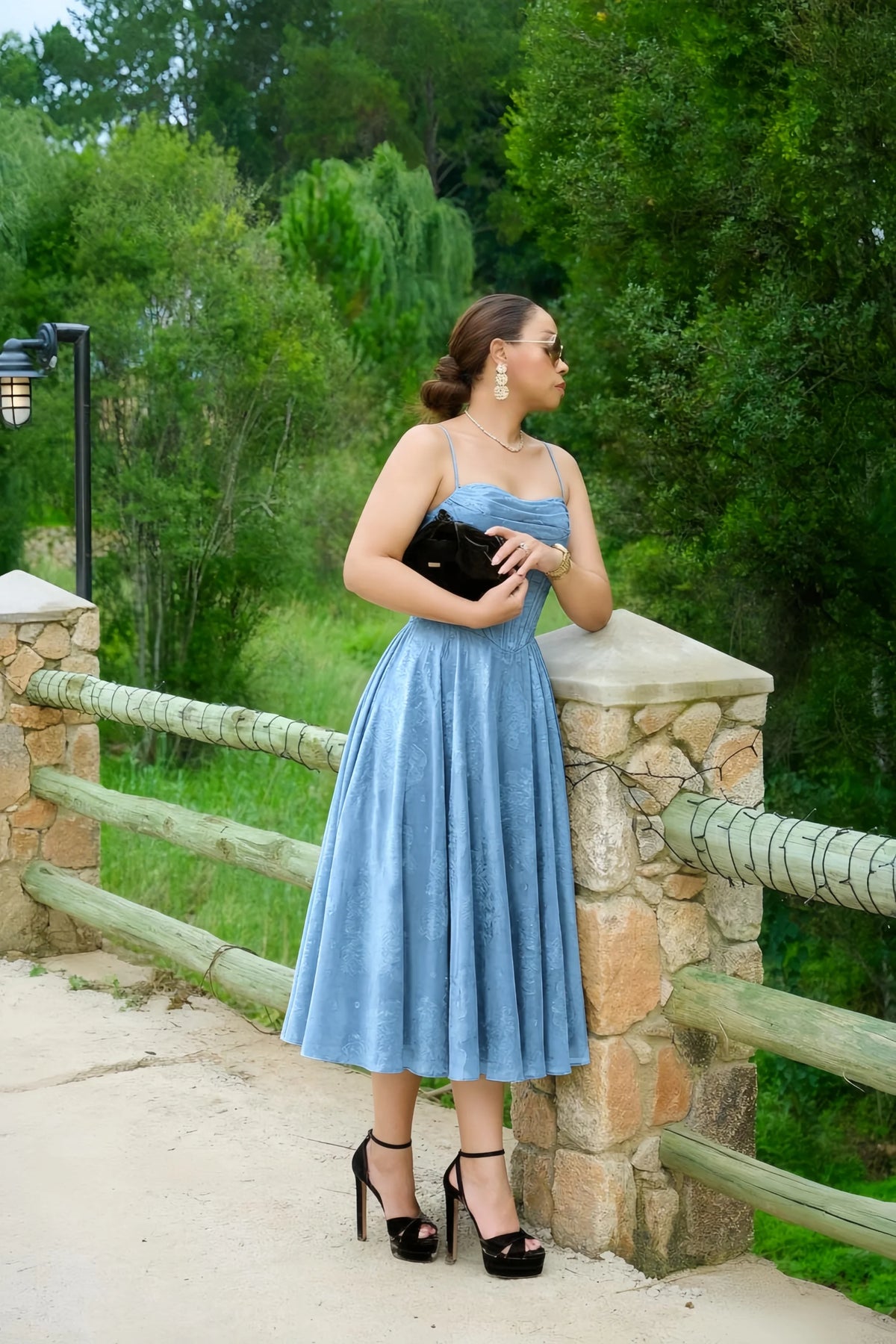 Aileen Powder Blue Jacquard Pleated Lace-up Midi Dress