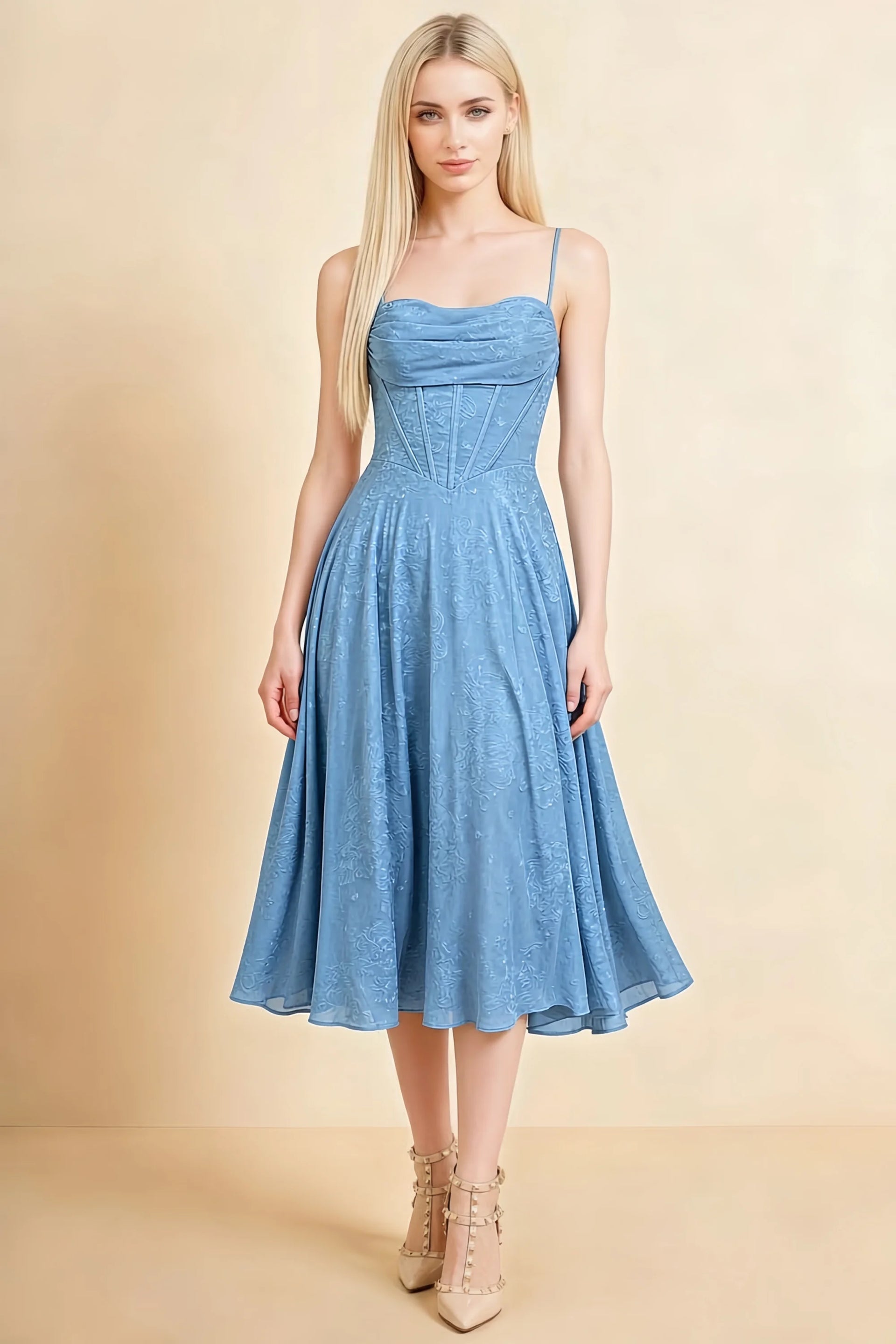 Aileen Powder Blue Jacquard Pleated Lace-up Midi Dress