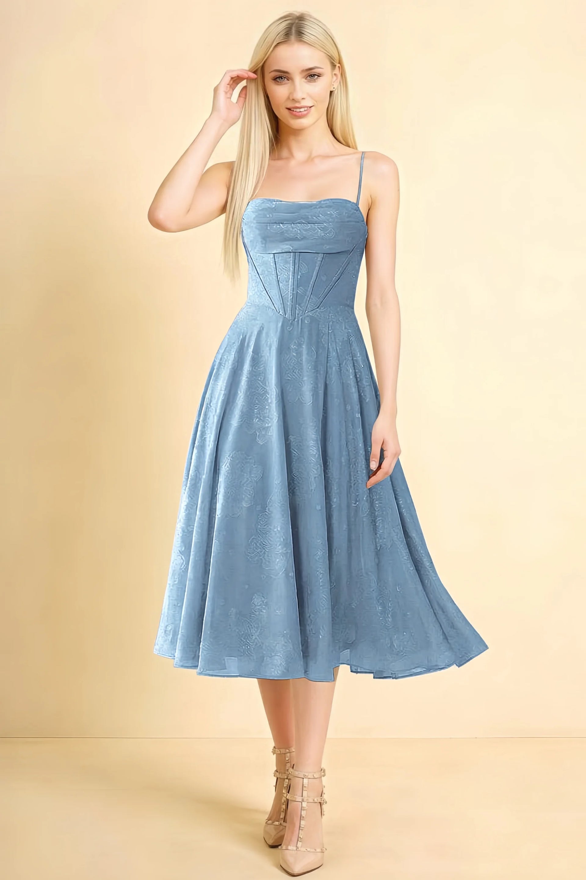 Aileen Powder Blue Jacquard Pleated Lace-up Midi Dress