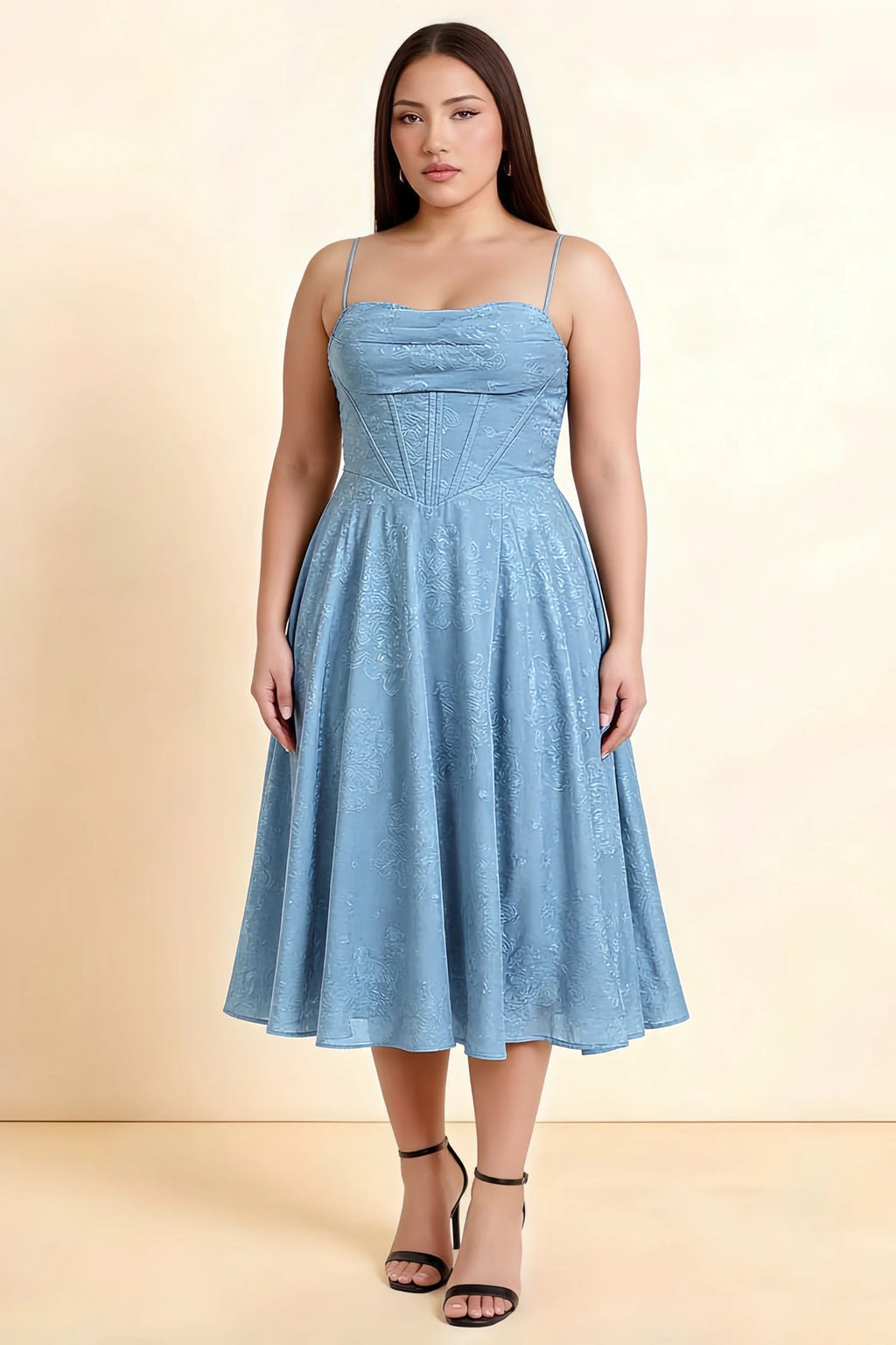 Aileen Powder Blue Jacquard Pleated Lace-up Midi Dress