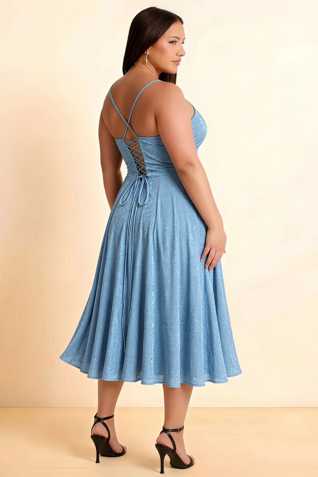 Aileen Powder Blue Jacquard Pleated Lace-up Midi Dress