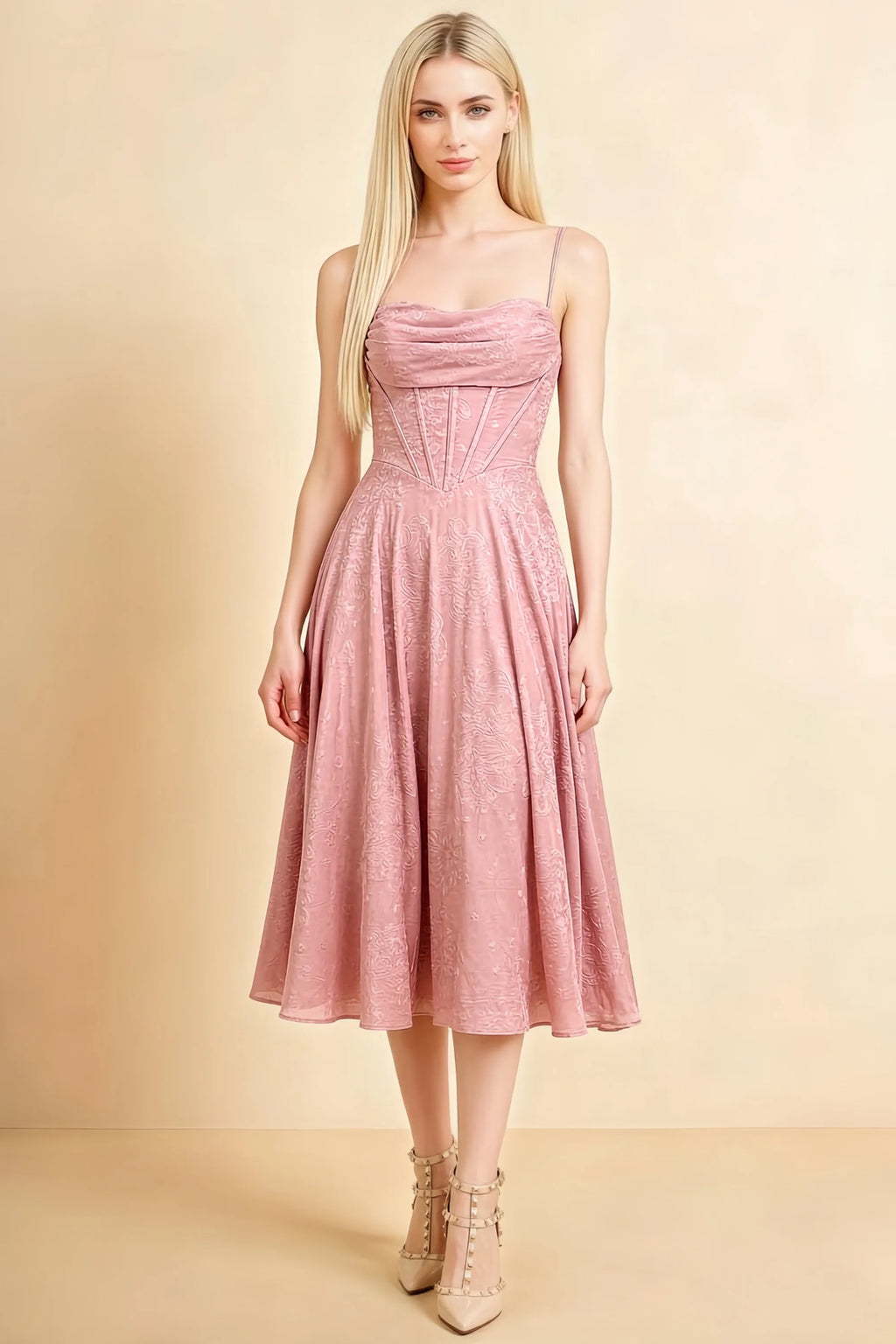 Aileen Powder Pink Jacquard Pleated Lace-up Midi Dress
