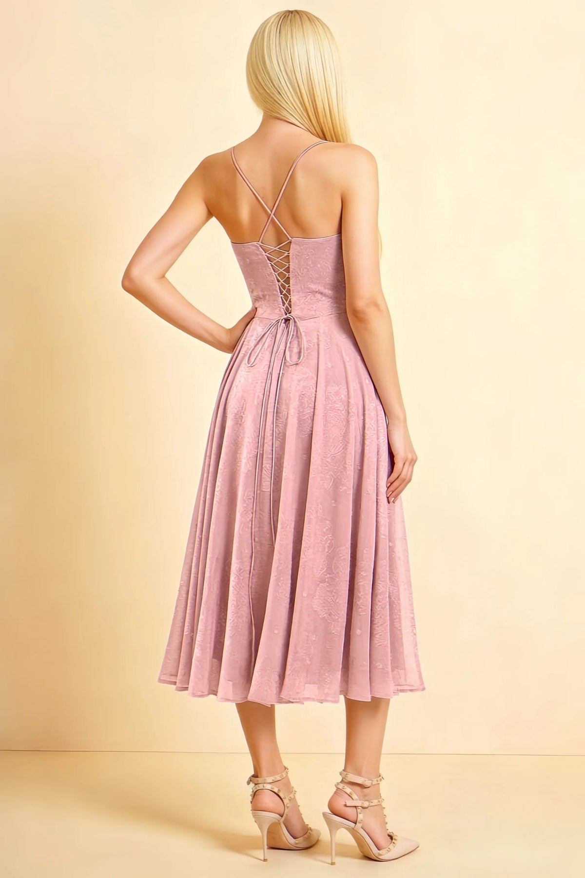 Aileen Powder Pink Jacquard Pleated Lace-up Midi Dress