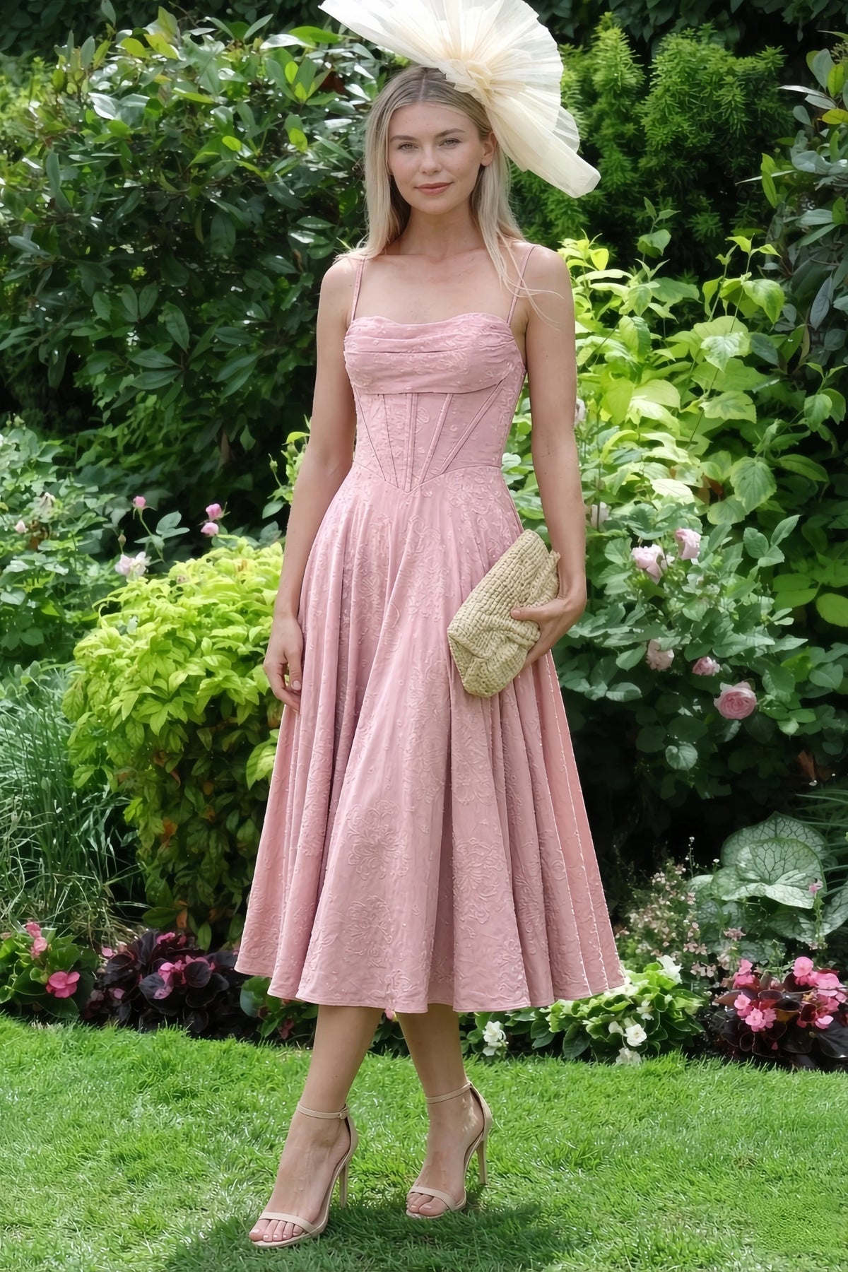 Aileen Powder Pink Jacquard Pleated Lace-up Midi Dress