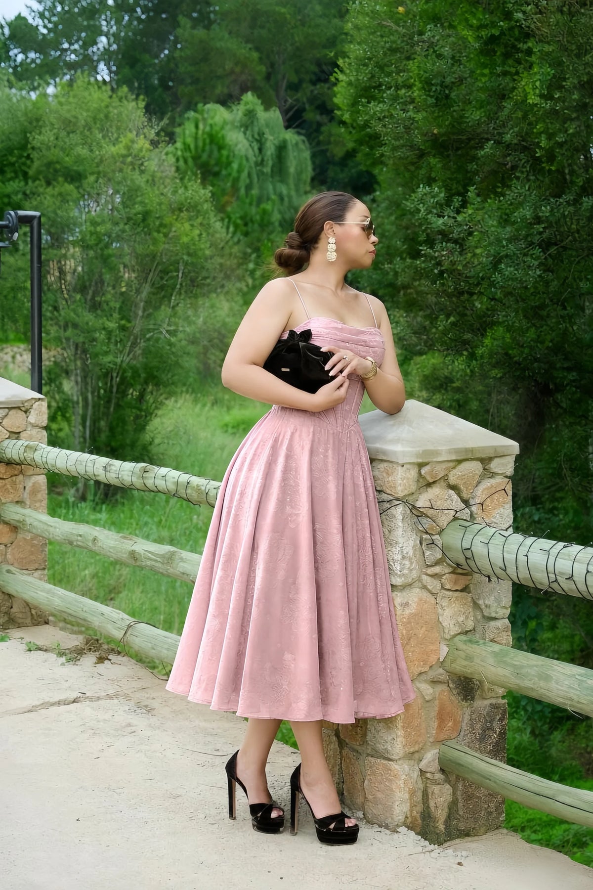 Aileen Powder Pink Jacquard Pleated Lace-up Midi Dress