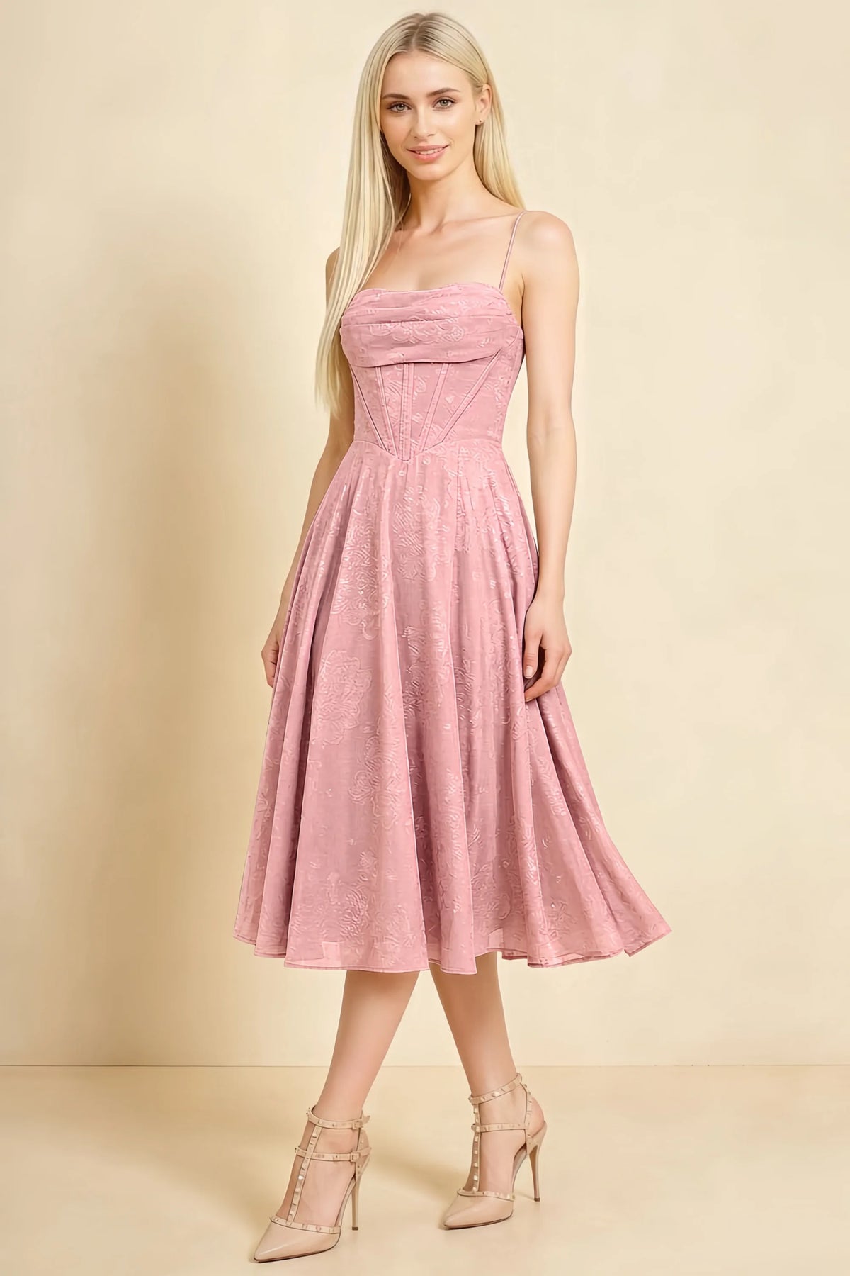 Aileen Powder Pink Jacquard Pleated Lace-up Midi Dress
