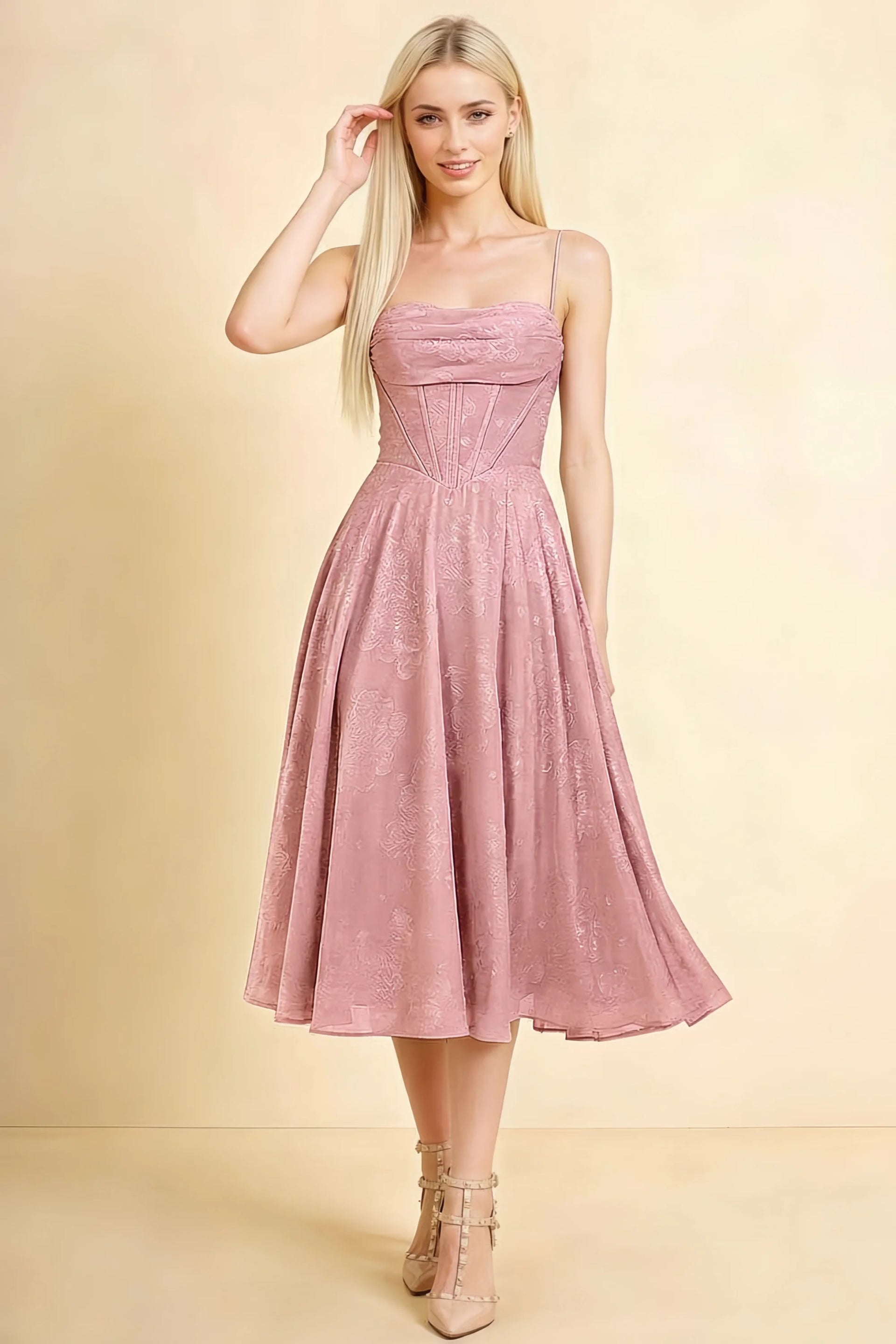 Aileen Powder Pink Jacquard Pleated Lace-up Midi Dress