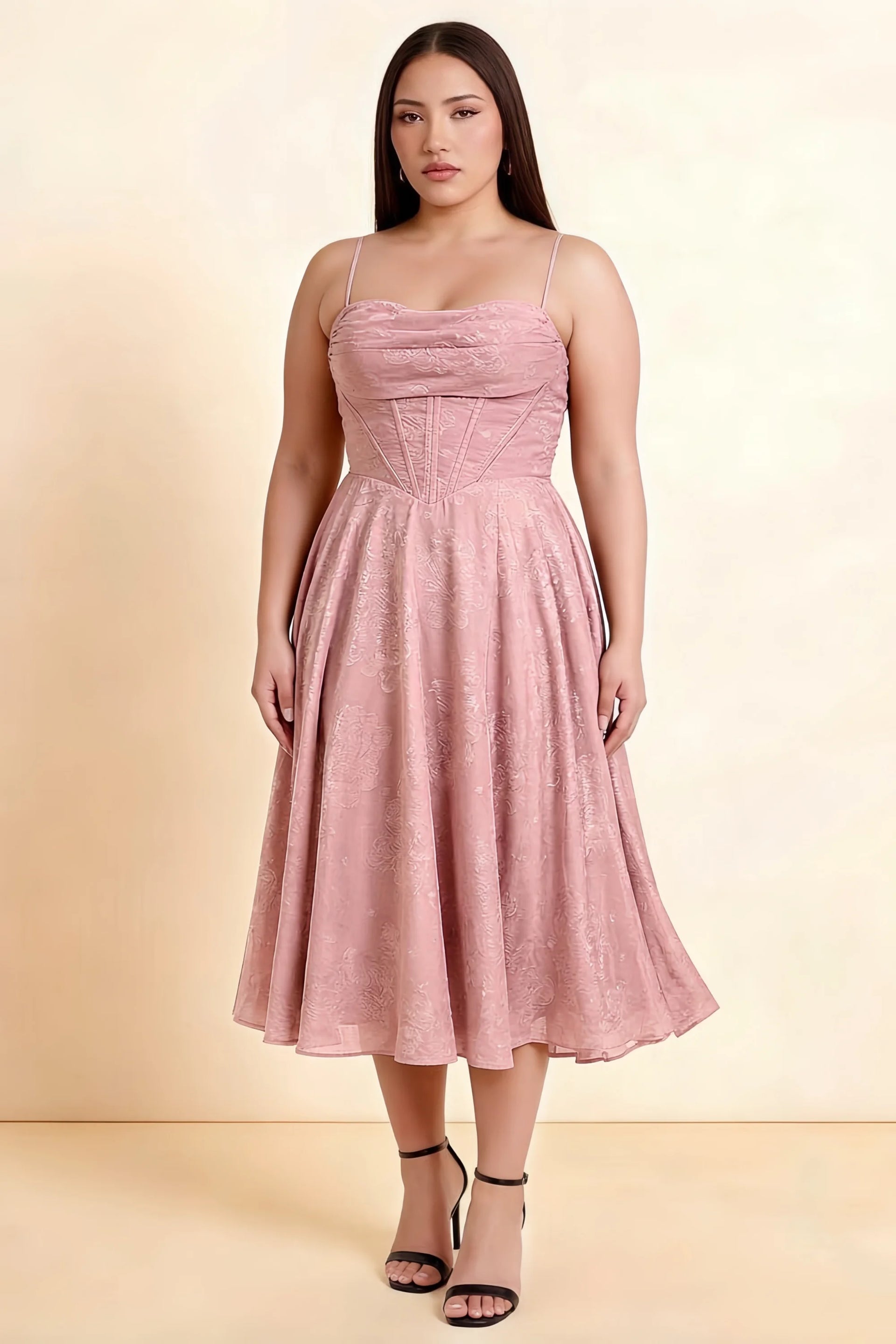 Aileen Powder Pink Jacquard Pleated Lace-up Midi Dress