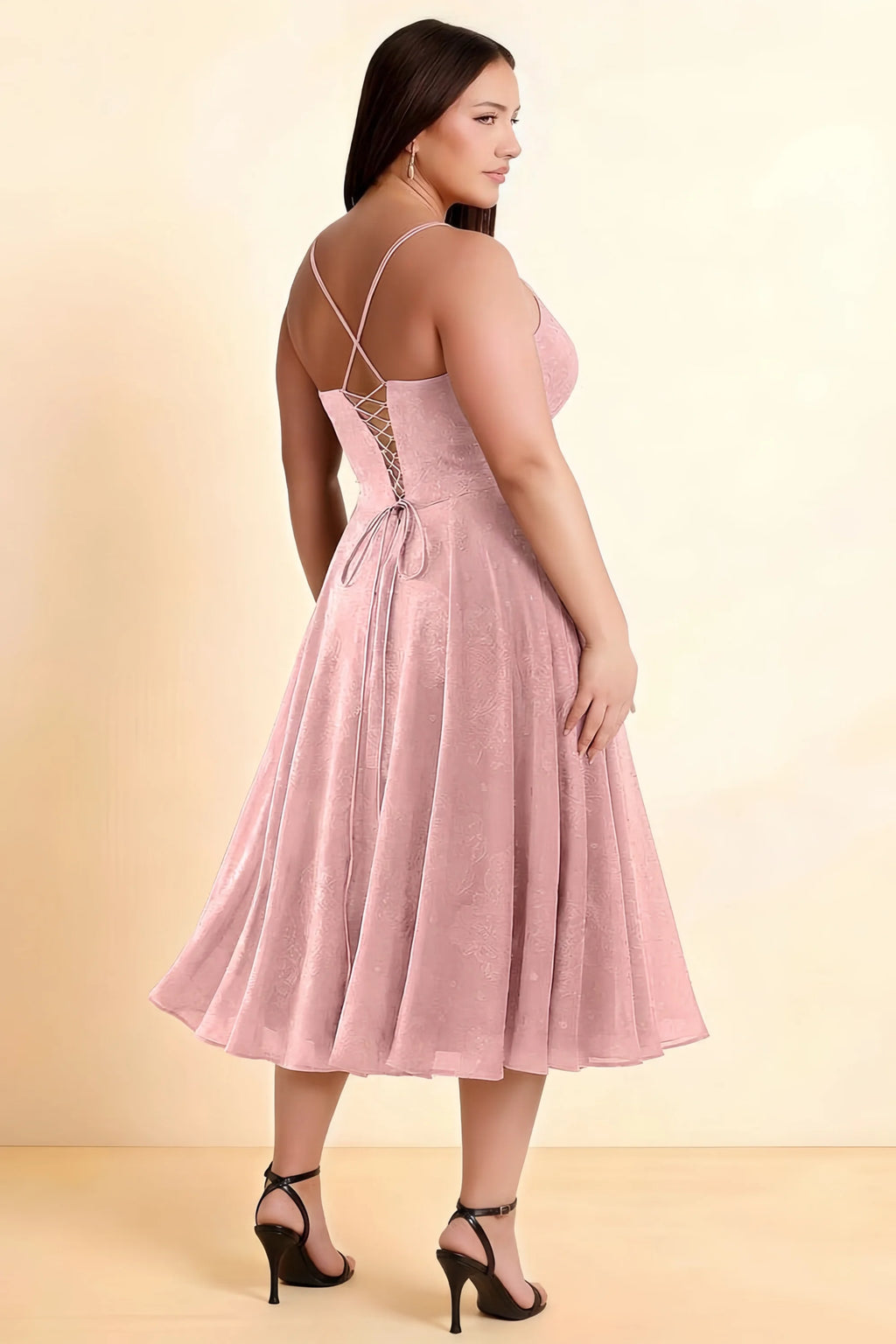 Aileen Powder Pink Jacquard Pleated Lace-up Midi Dress
