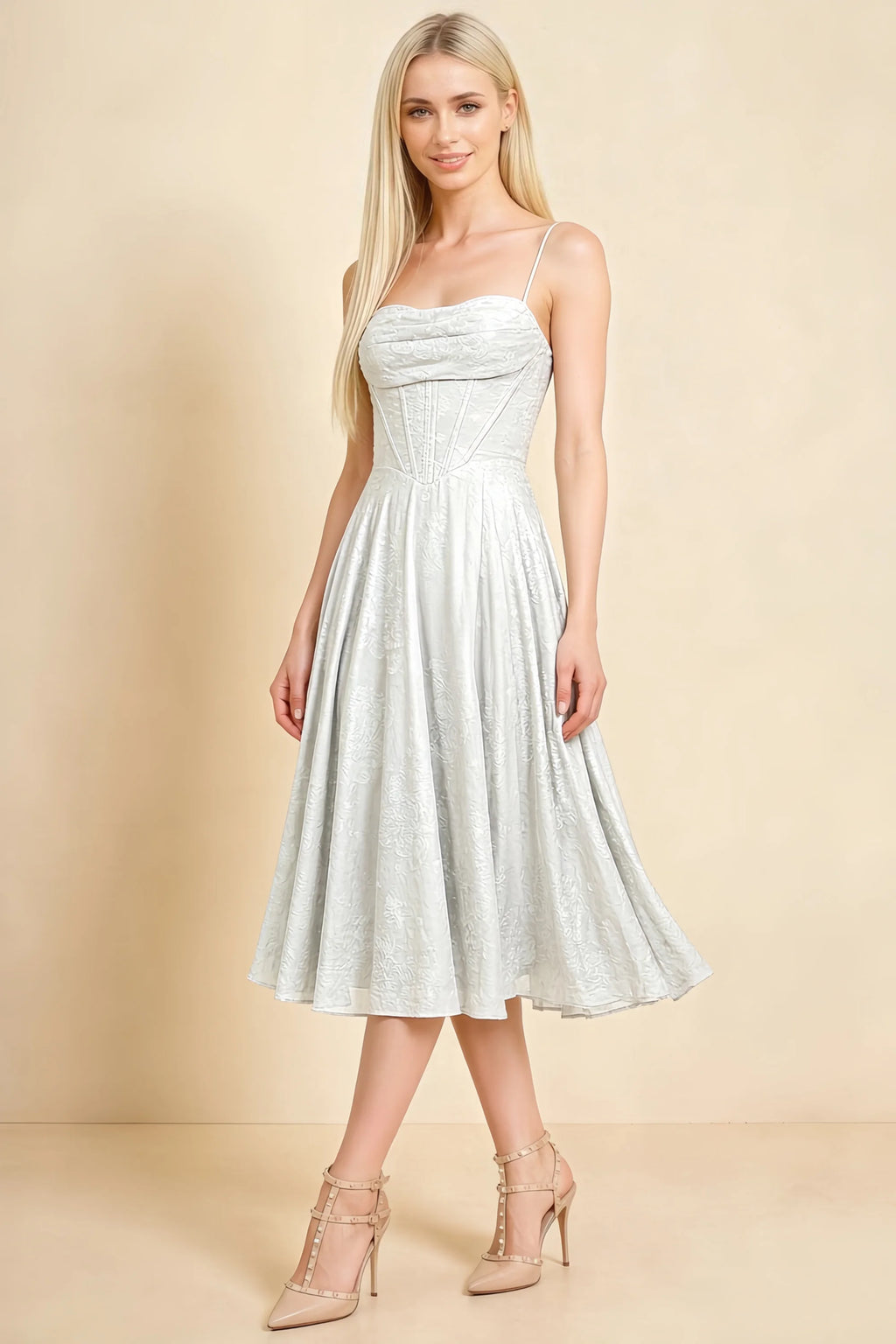 Aileen White Jacquard Pleated Lace-up Midi Dress