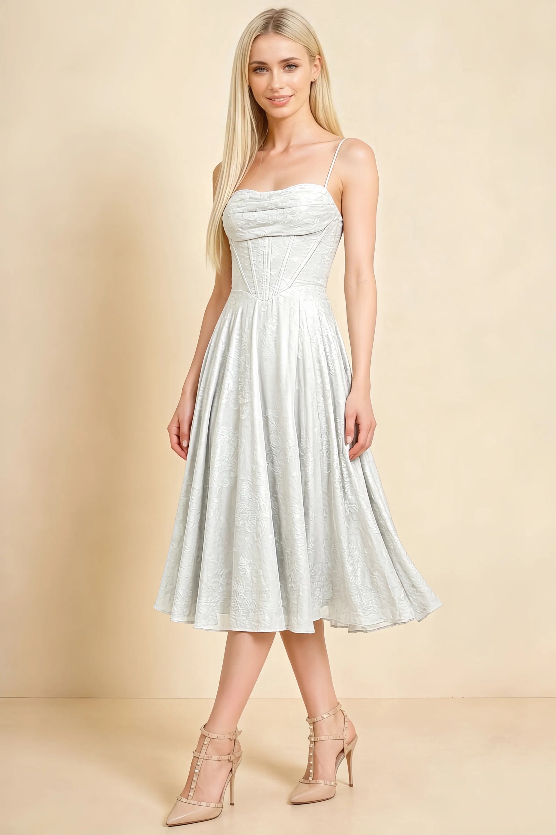Aileen White Jacquard Pleated Lace-up Midi Dress
