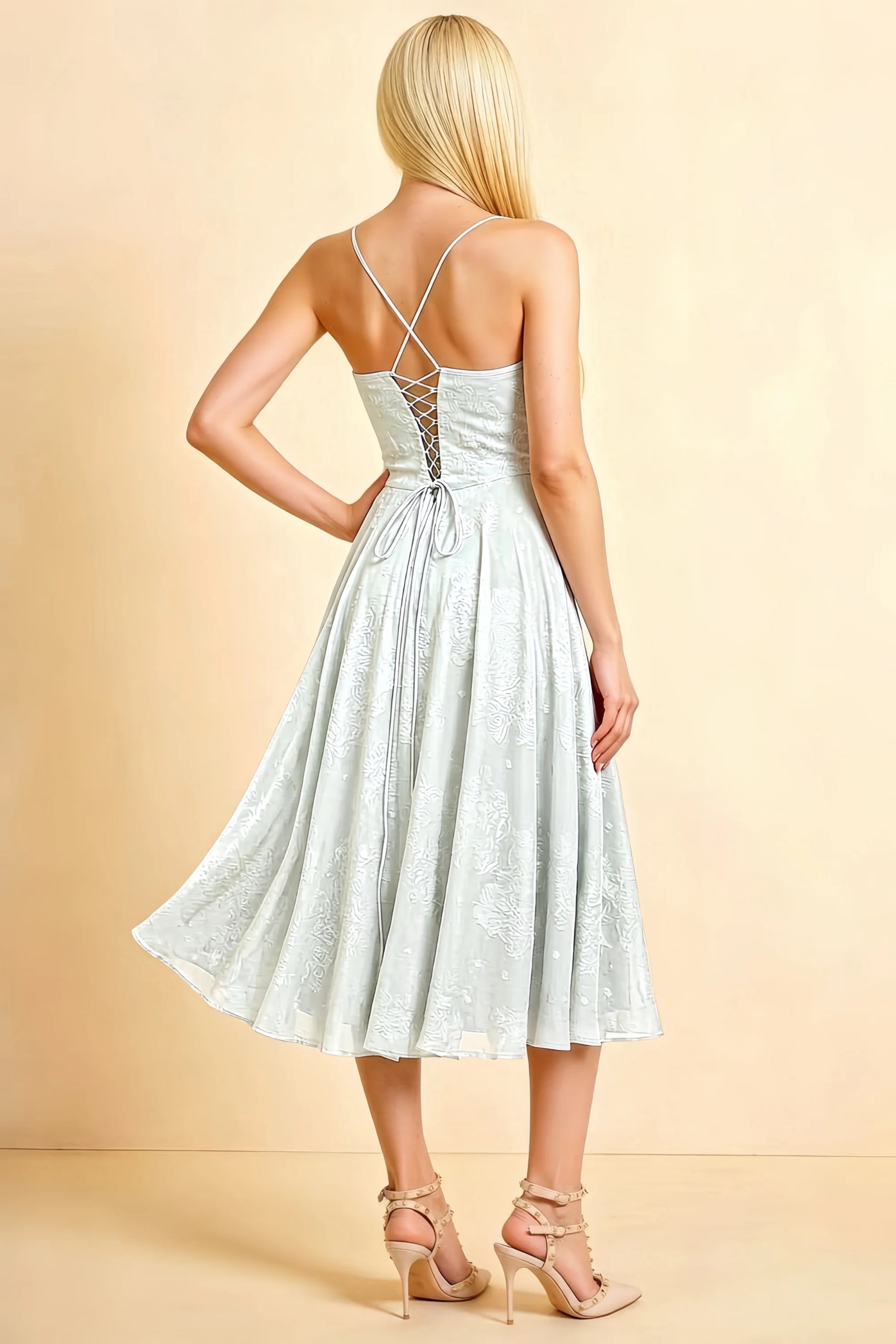 Aileen White Jacquard Pleated Lace-up Midi Dress