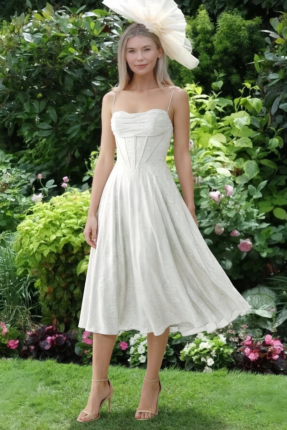 Aileen White Jacquard Pleated Lace-up Midi Dress
