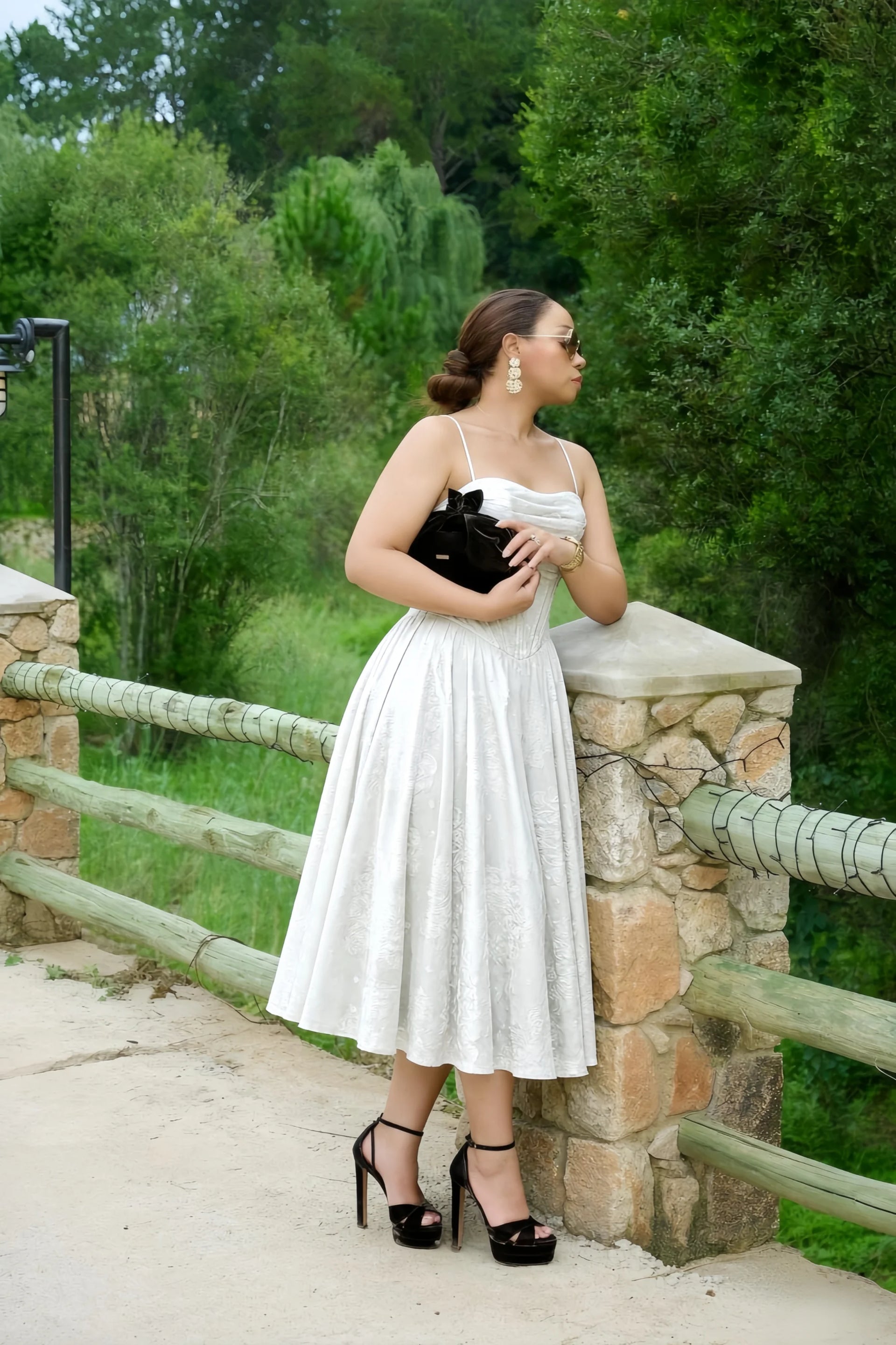 Aileen White Jacquard Pleated Lace-up Midi Dress