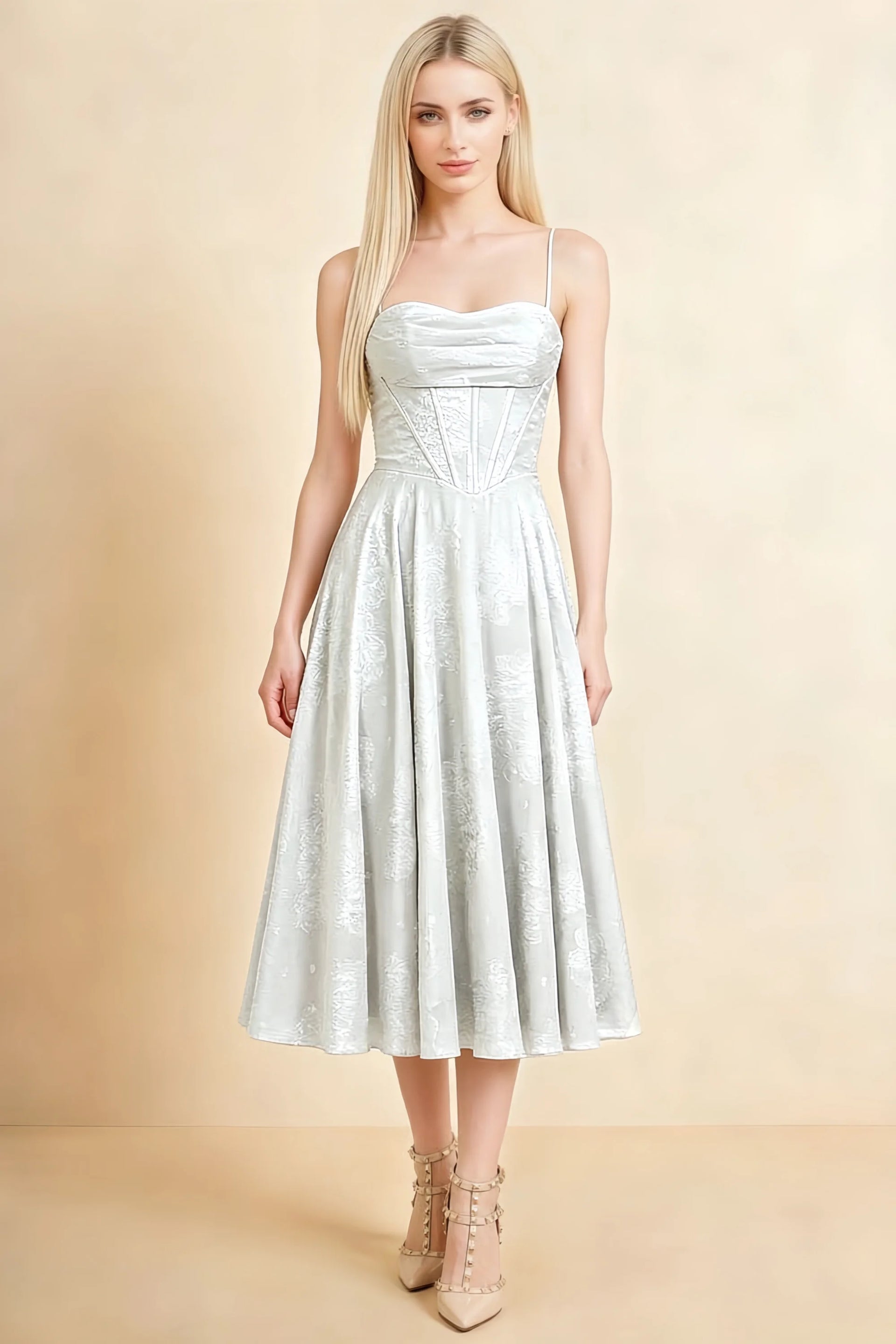 Aileen White Jacquard Pleated Lace-up Midi Dress