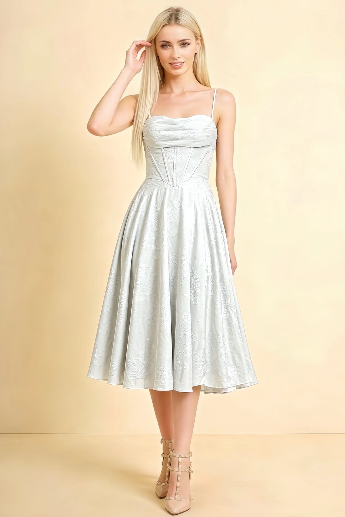 Aileen White Jacquard Pleated Lace-up Midi Dress