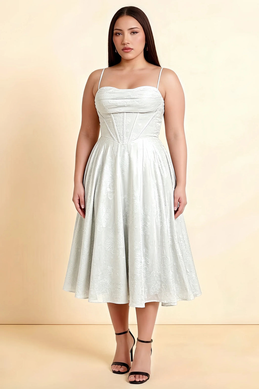 Aileen White Jacquard Pleated Lace-up Midi Dress