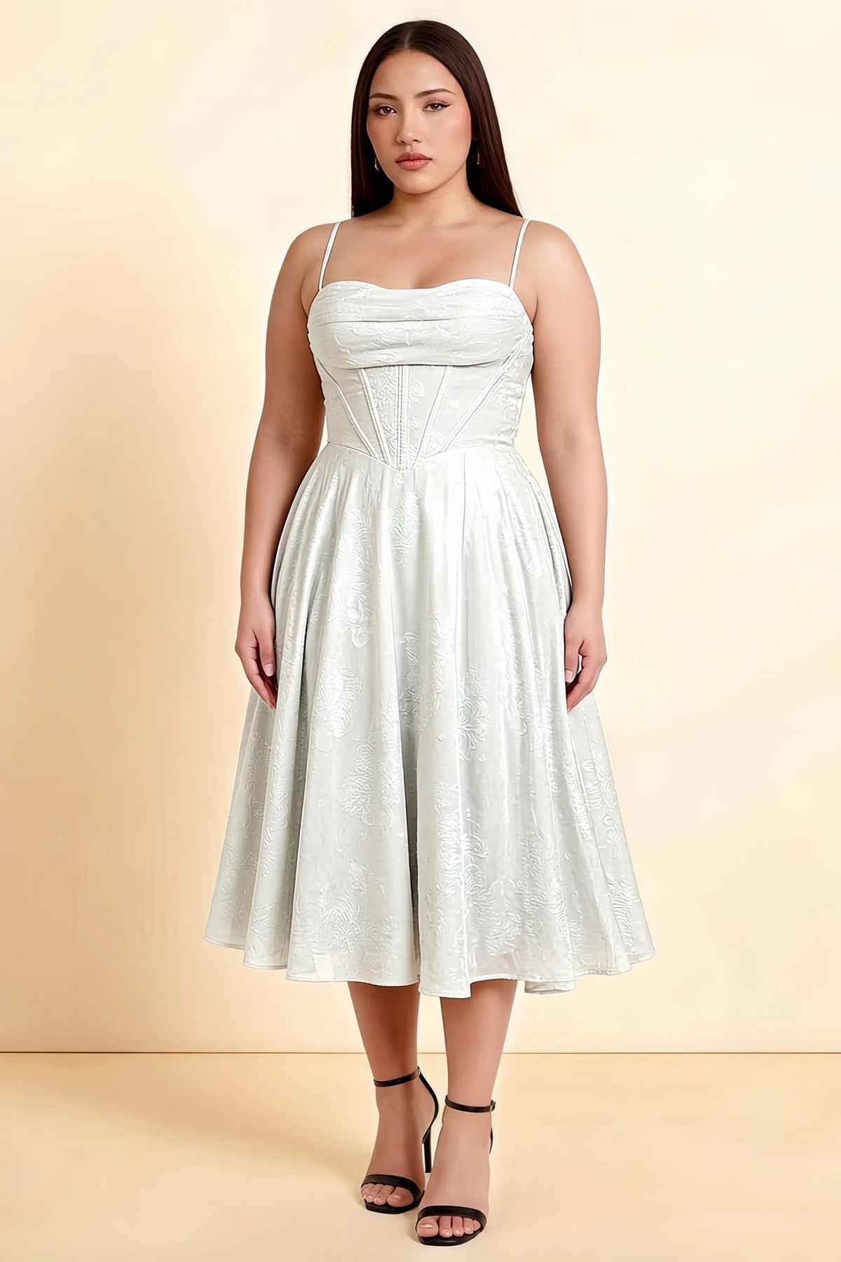 Aileen White Jacquard Pleated Lace-up Midi Dress