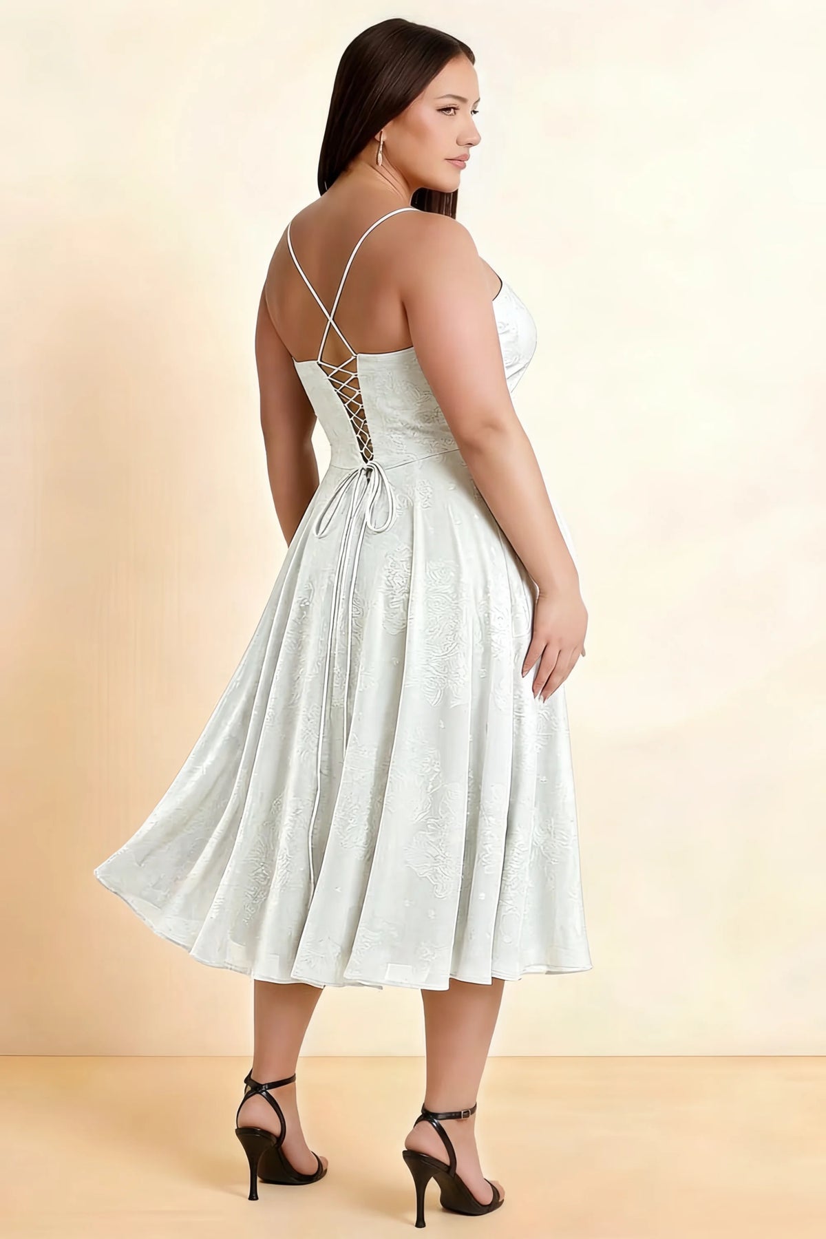 Aileen White Jacquard Pleated Lace-up Midi Dress