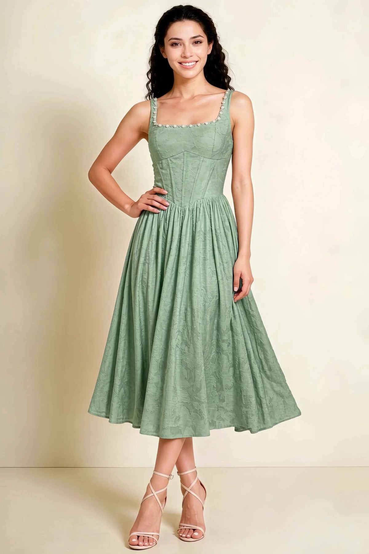 Alana Agave Jacquard Pearl Midi Dress with Pockets Main image