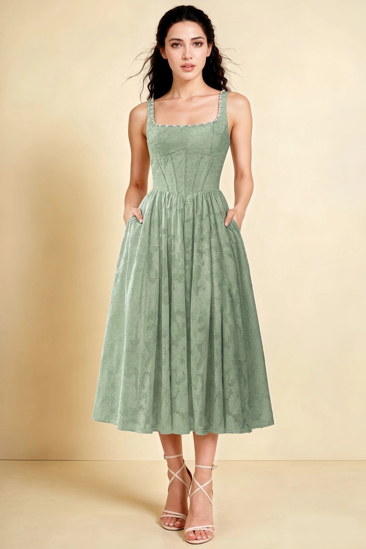 Alana Agave Jacquard Pearl Midi Dress with Pockets