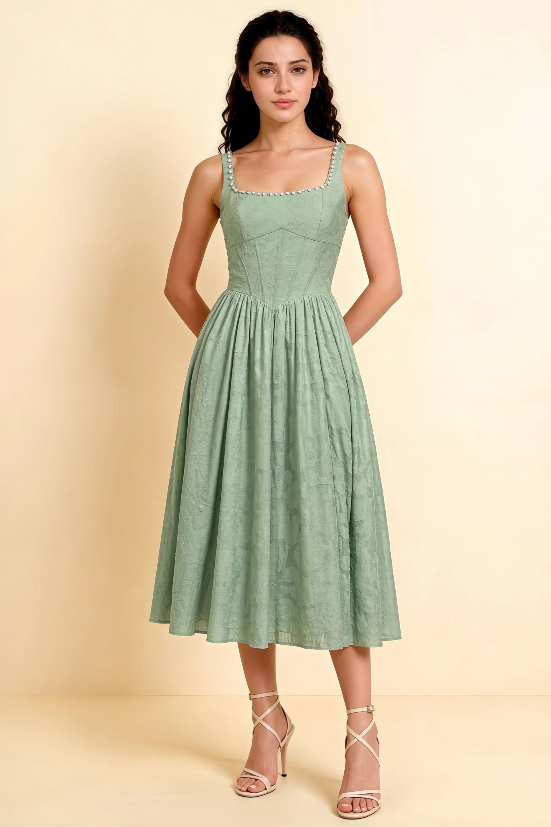 Alana Agave Jacquard Pearl Midi Dress with Pockets