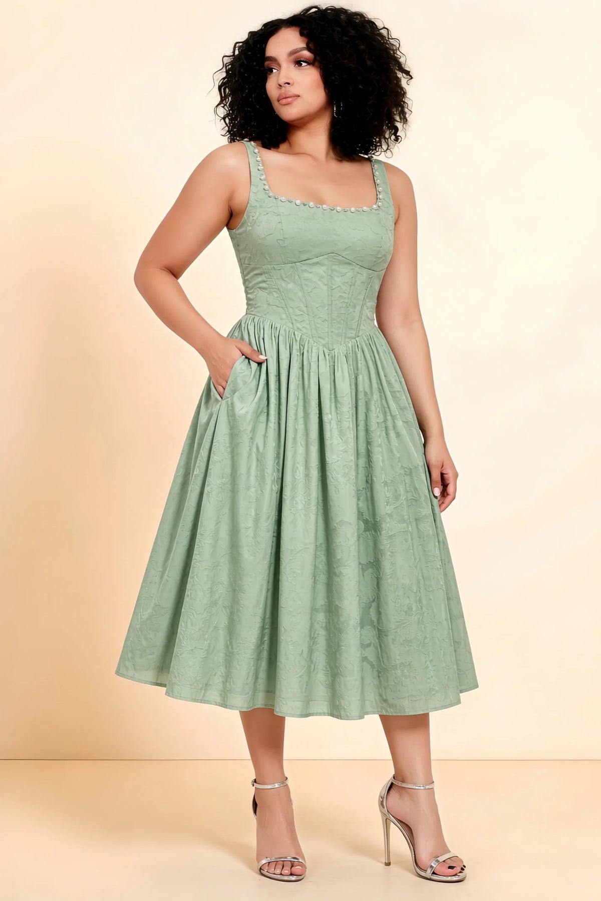 Alana Agave Jacquard Pearl Midi Dress with Pockets