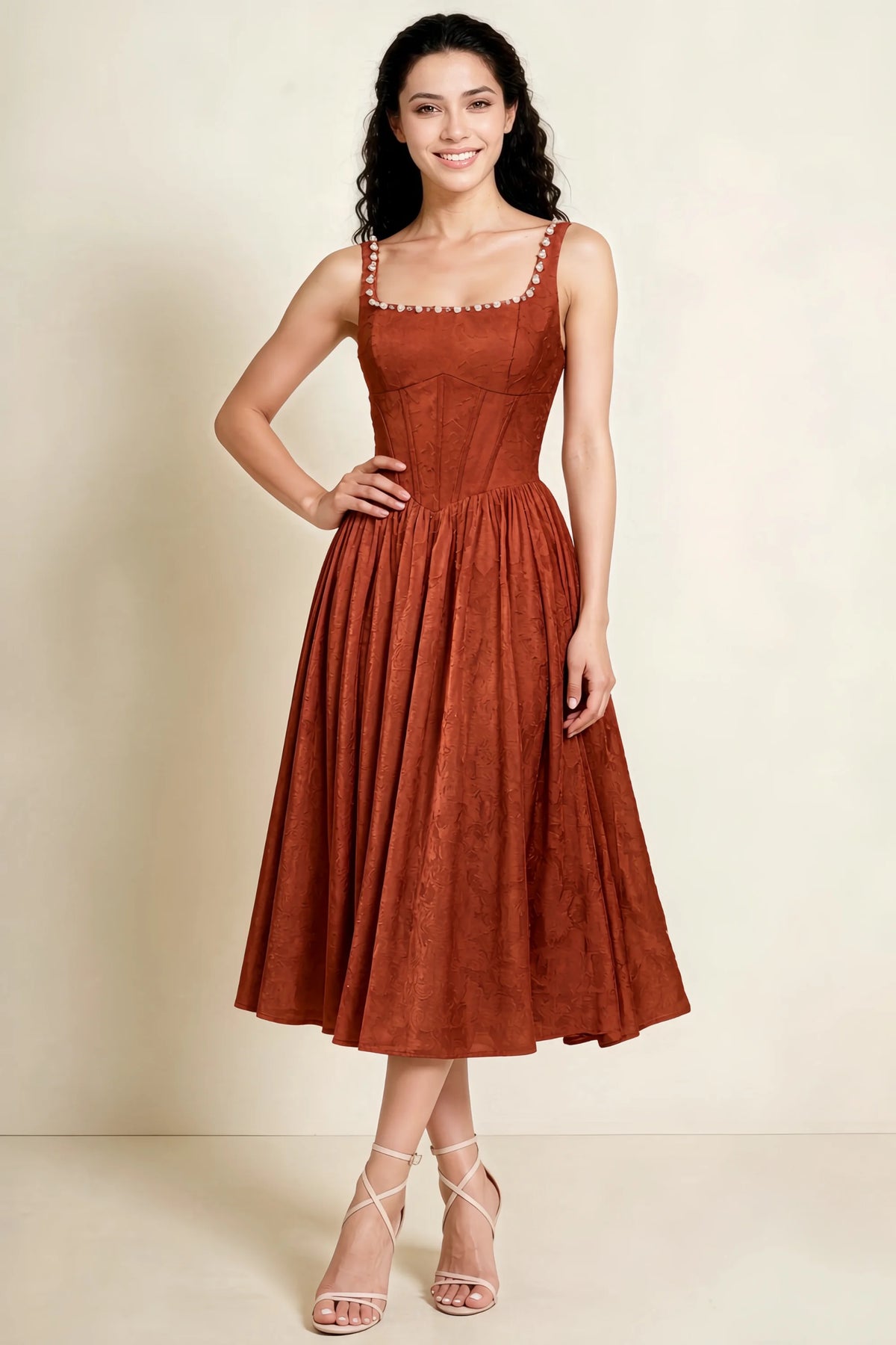 Alana Auburn Jacquard Pearl Midi Dress with Pockets