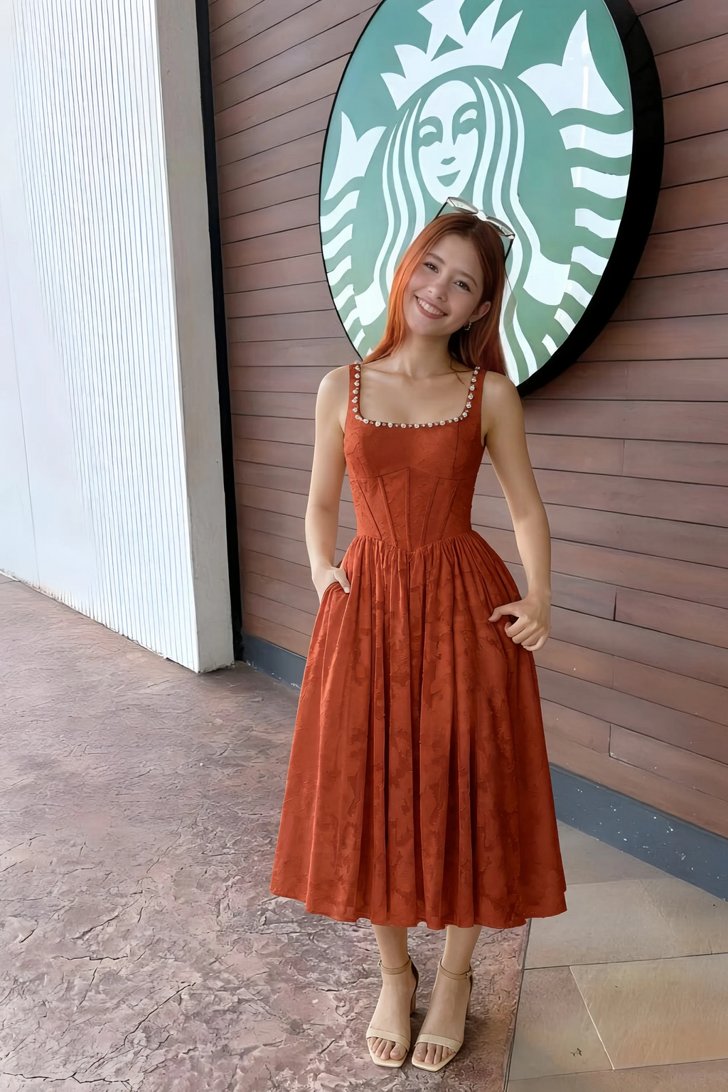 Alana Auburn Jacquard Pearl Midi Dress with Pockets