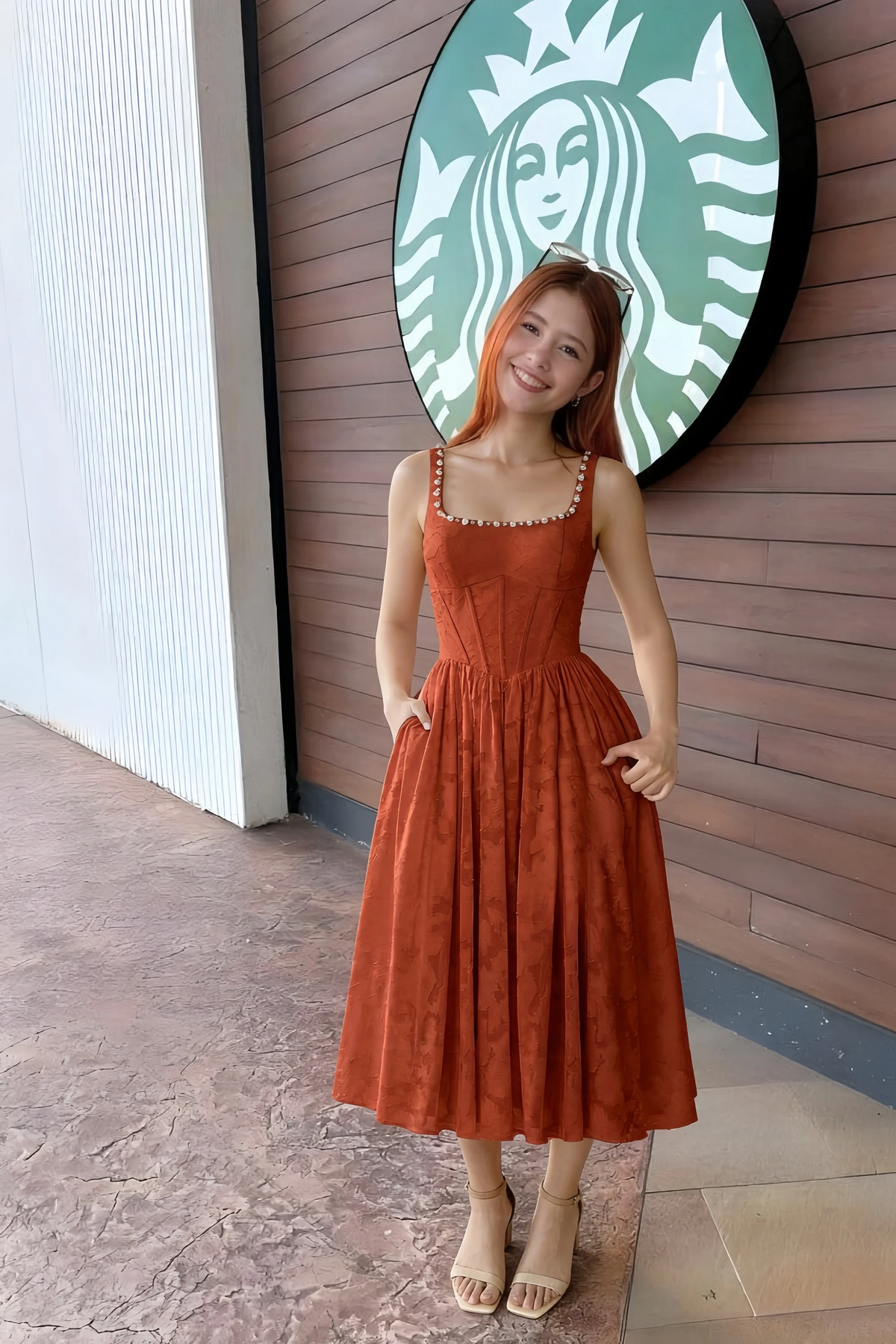 Alana Auburn Jacquard Pearl Midi Dress with Pockets