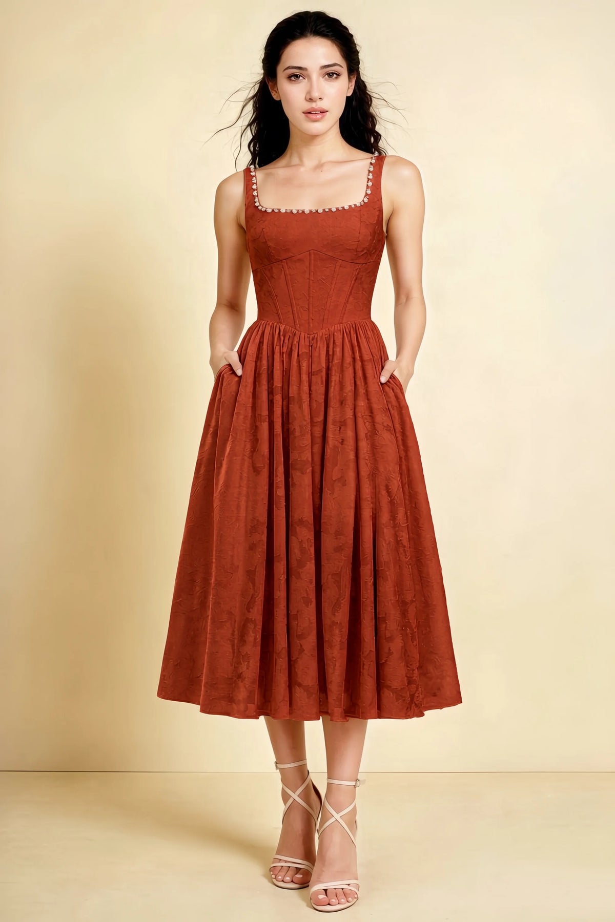 Alana Auburn Jacquard Pearl Midi Dress with Pockets