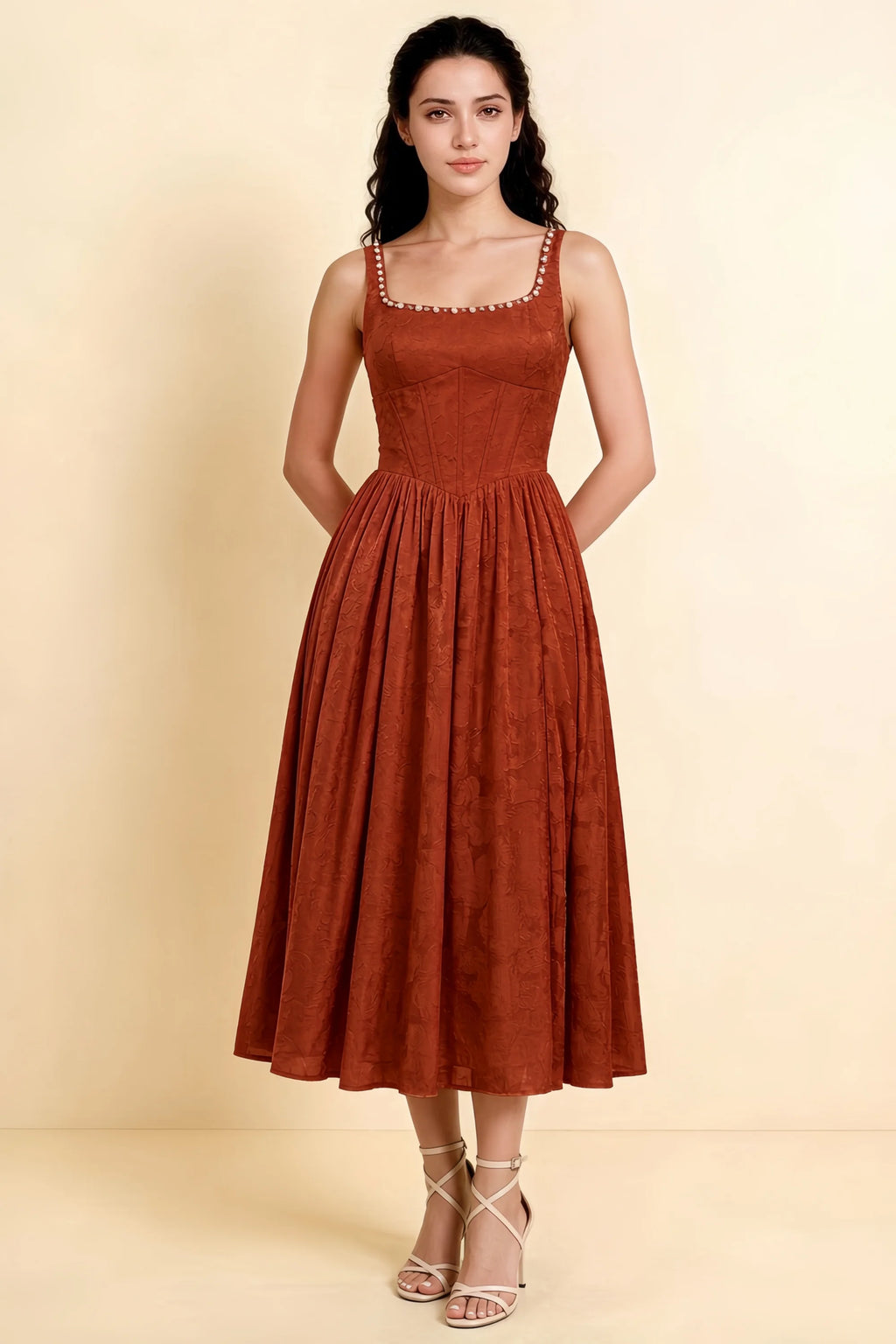 Alana Auburn Jacquard Pearl Midi Dress with Pockets