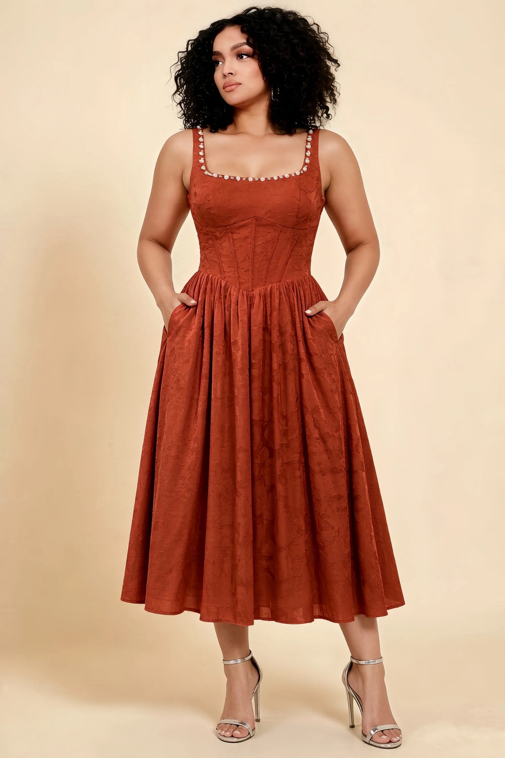 Alana Auburn Jacquard Pearl Midi Dress with Pockets