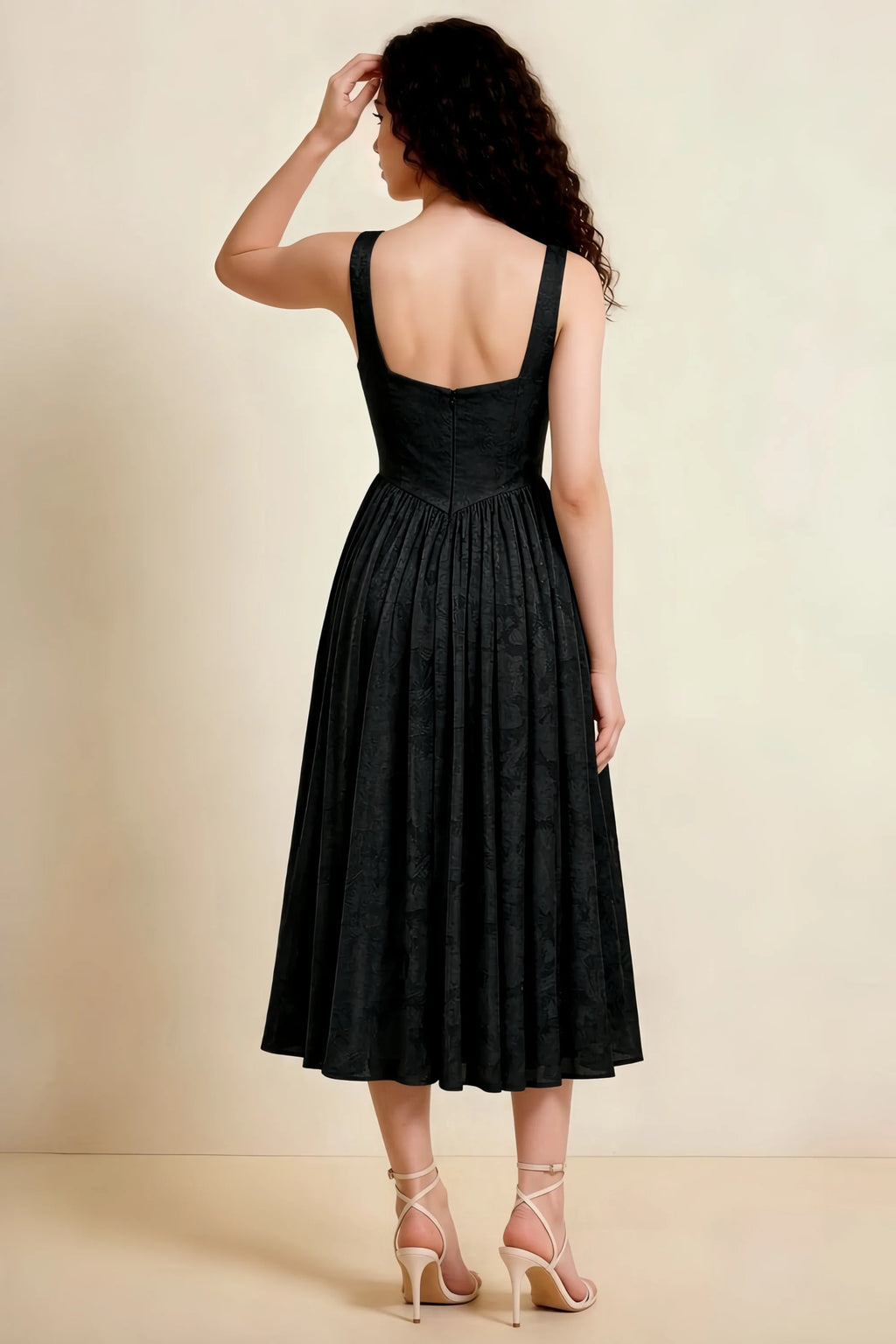 Alana Black Jacquard Pearl Midi Dress with Pockets