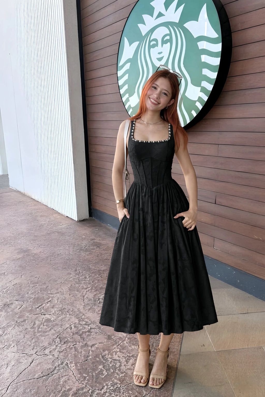 Alana Black Jacquard Pearl Midi Dress with Pockets