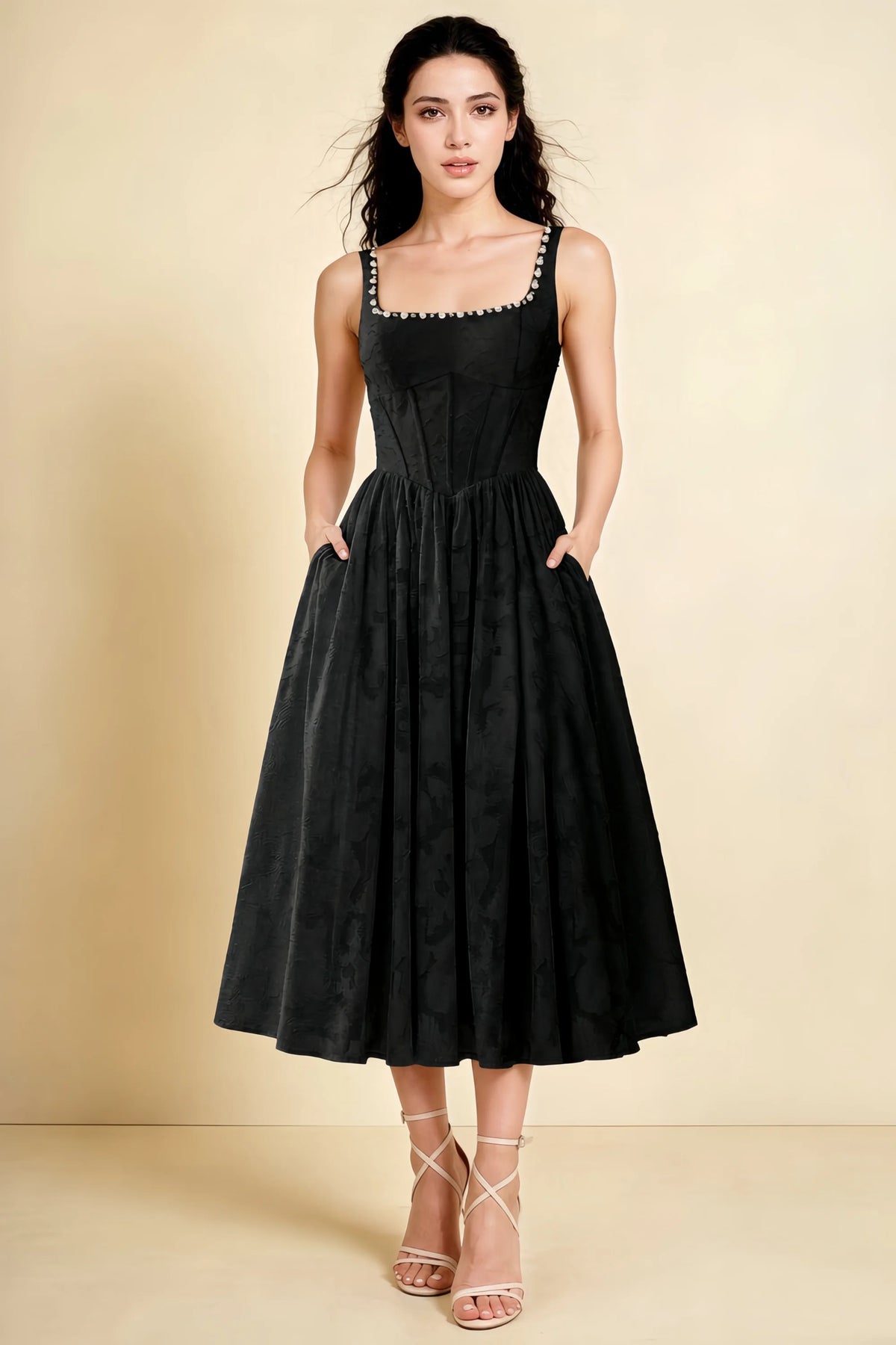 Alana Black Jacquard Pearl Midi Dress with Pockets