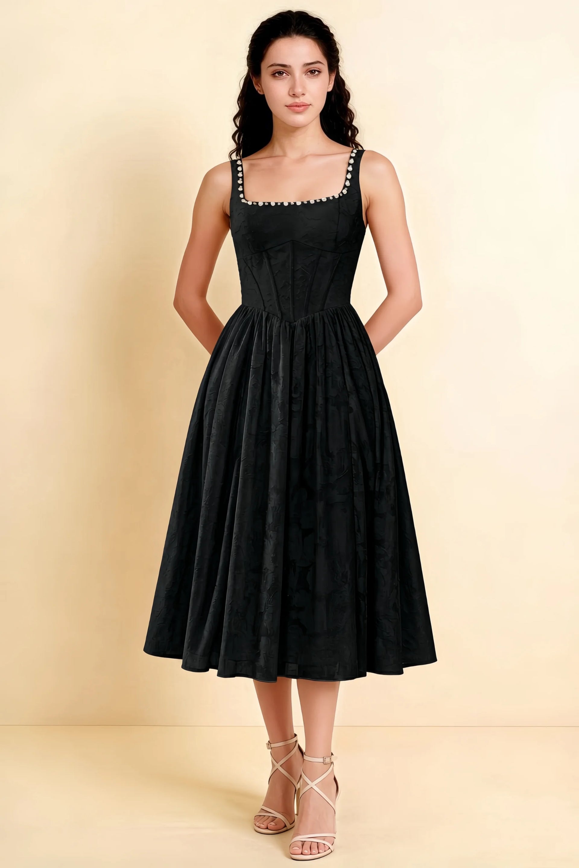 Alana Black Jacquard Pearl Midi Dress with Pockets