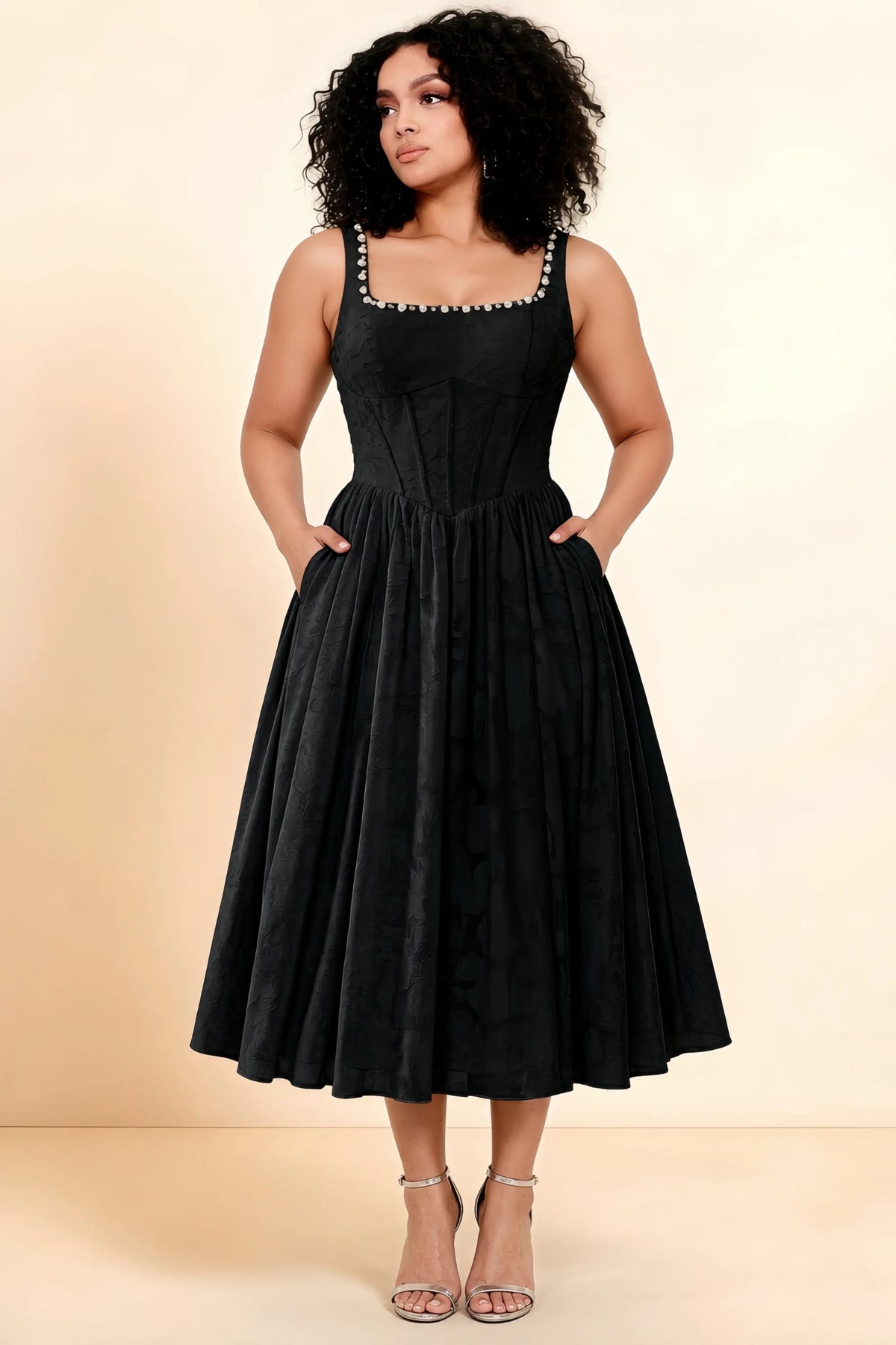 Alana Black Jacquard Pearl Midi Dress with Pockets
