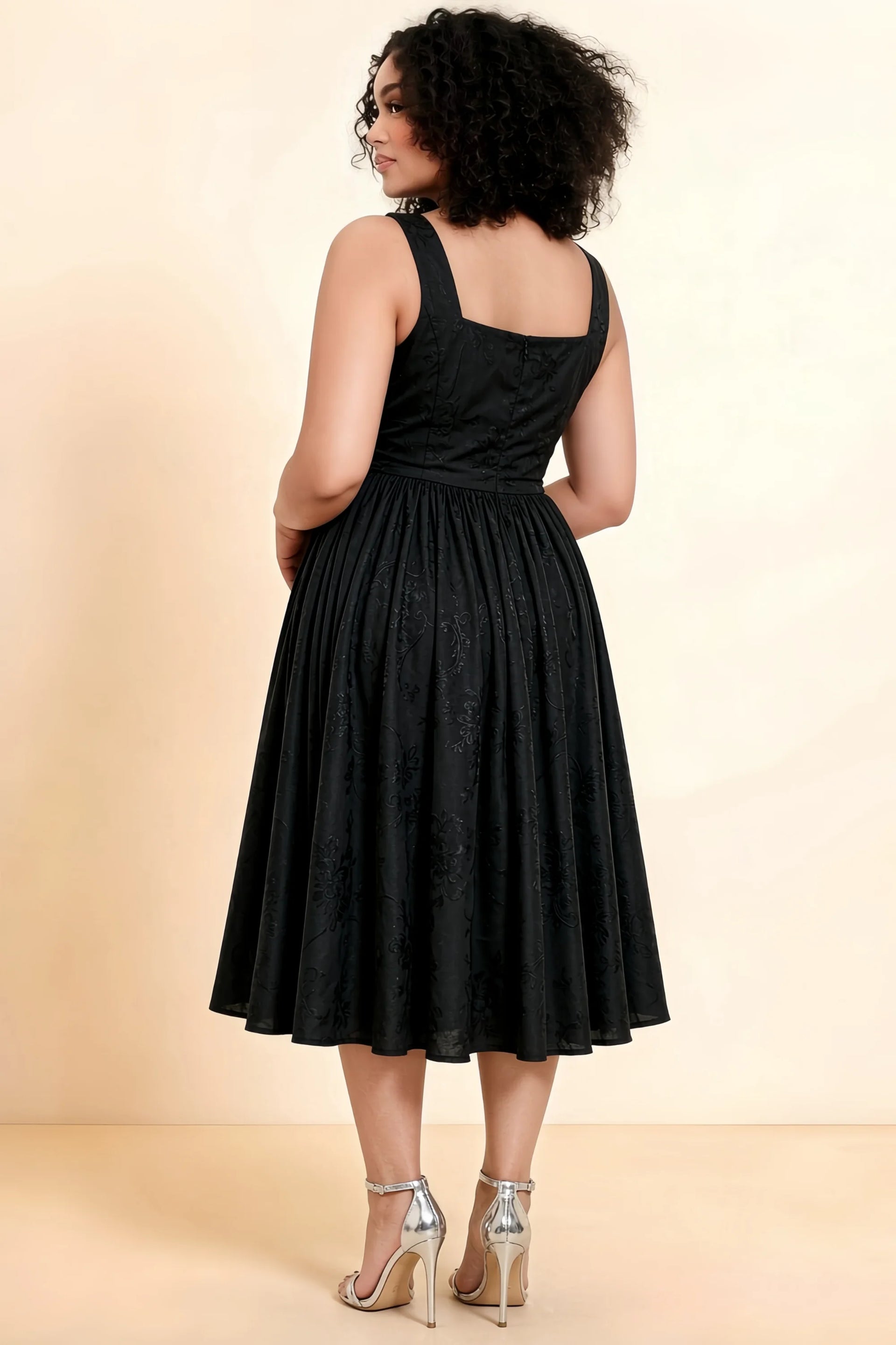 Alana Black Jacquard Pearl Midi Dress with Pockets