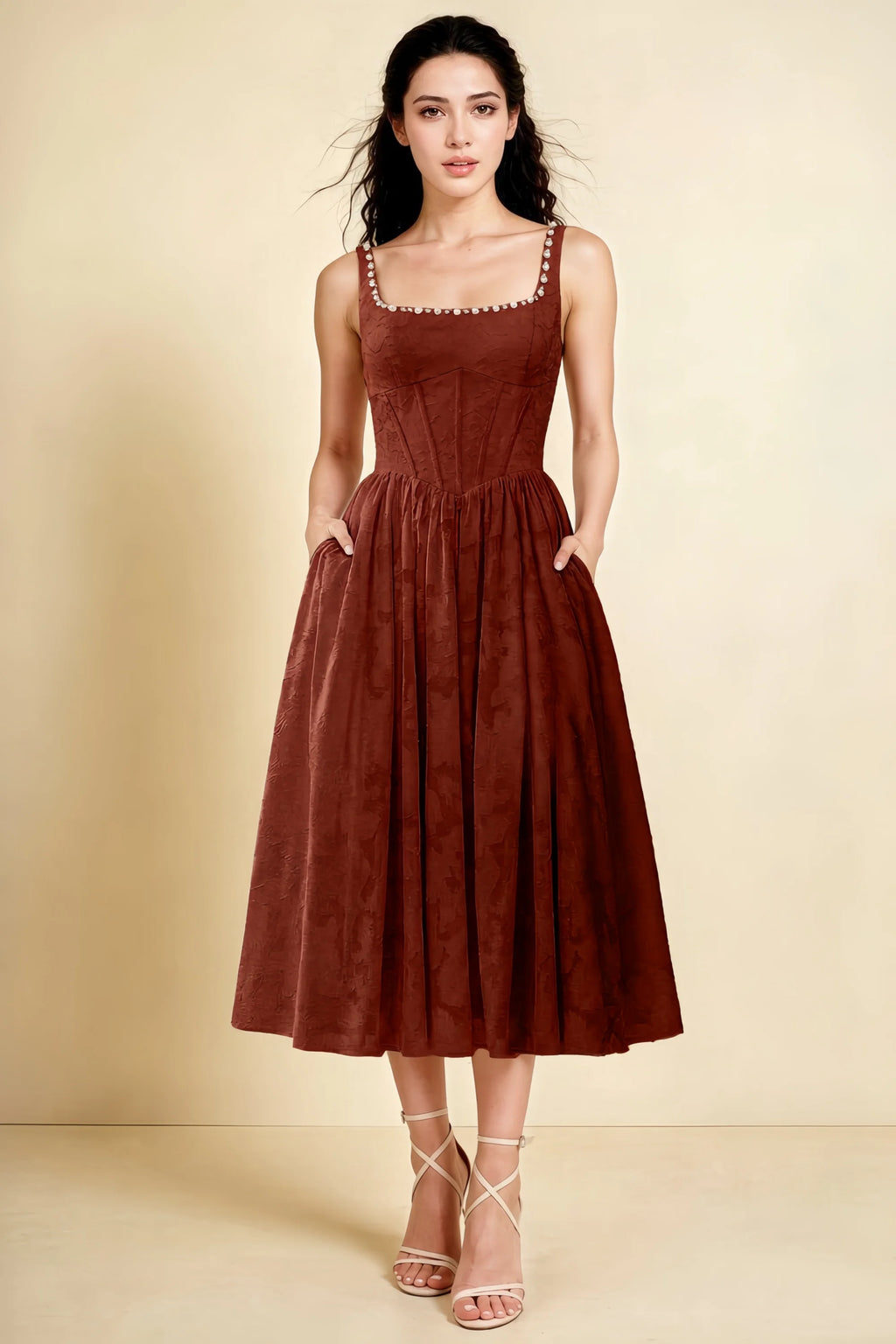 Alana Burnt Umber Jacquard Pearl Midi Dress with Pockets
