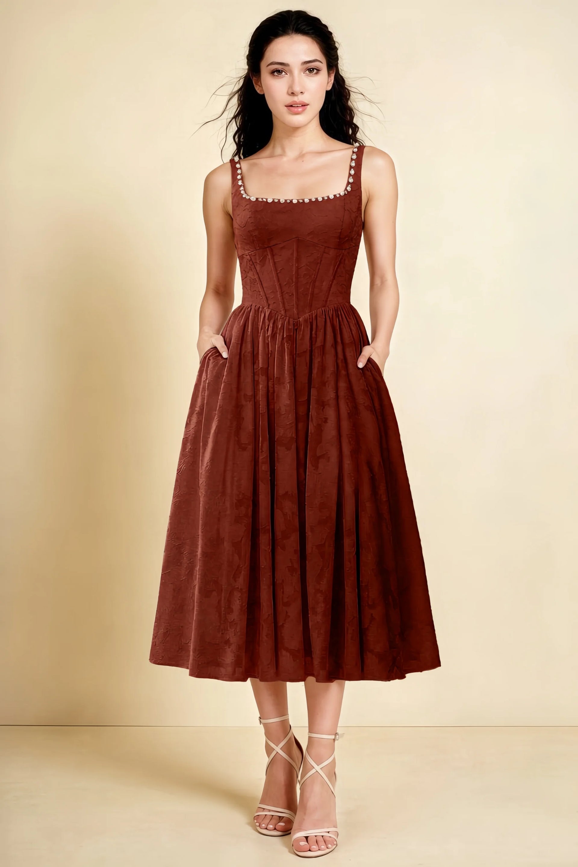 Alana Burnt Umber Jacquard Pearl Midi Dress with Pockets