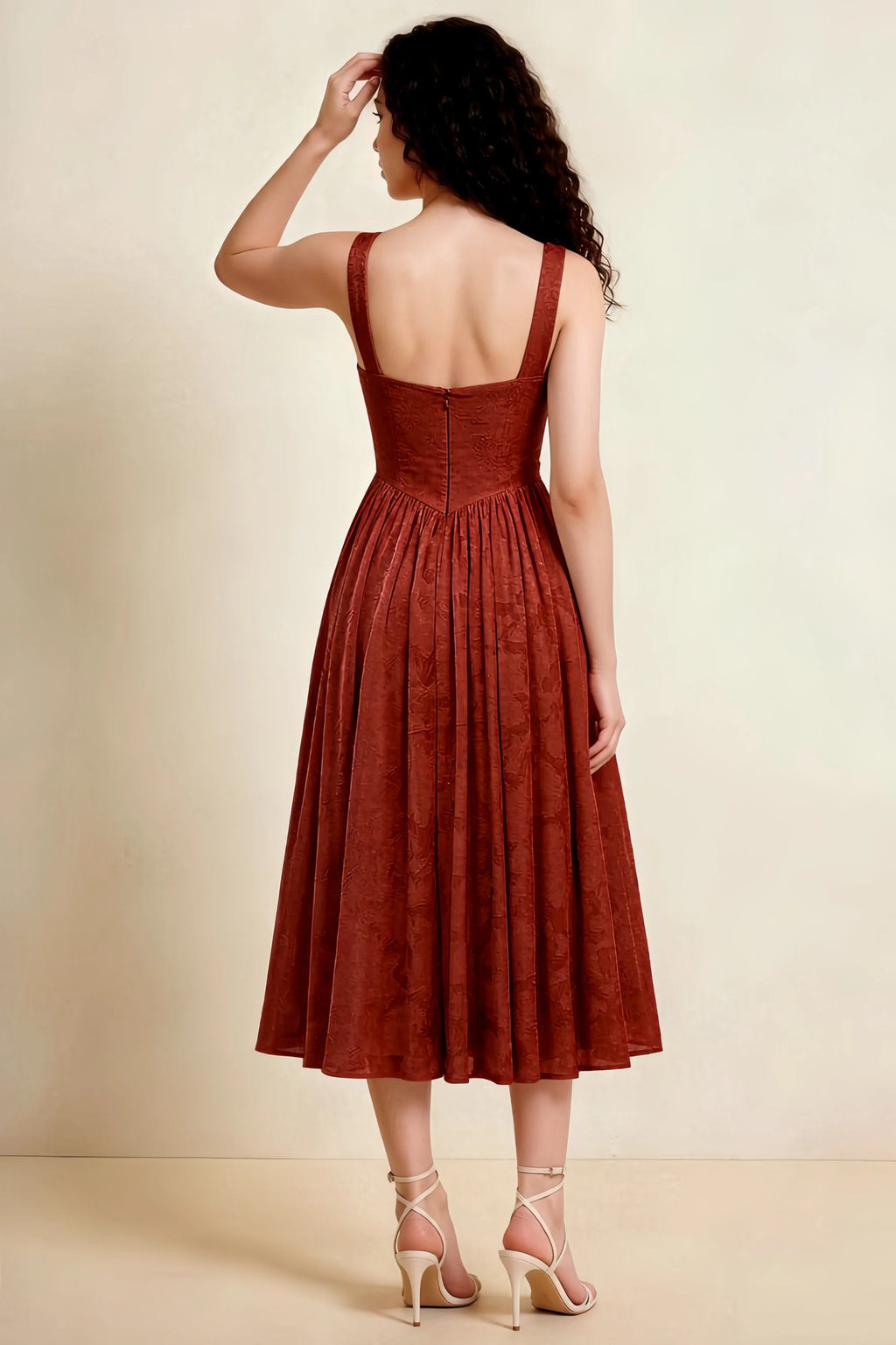 Alana Burnt Umber Jacquard Pearl Midi Dress with Pockets