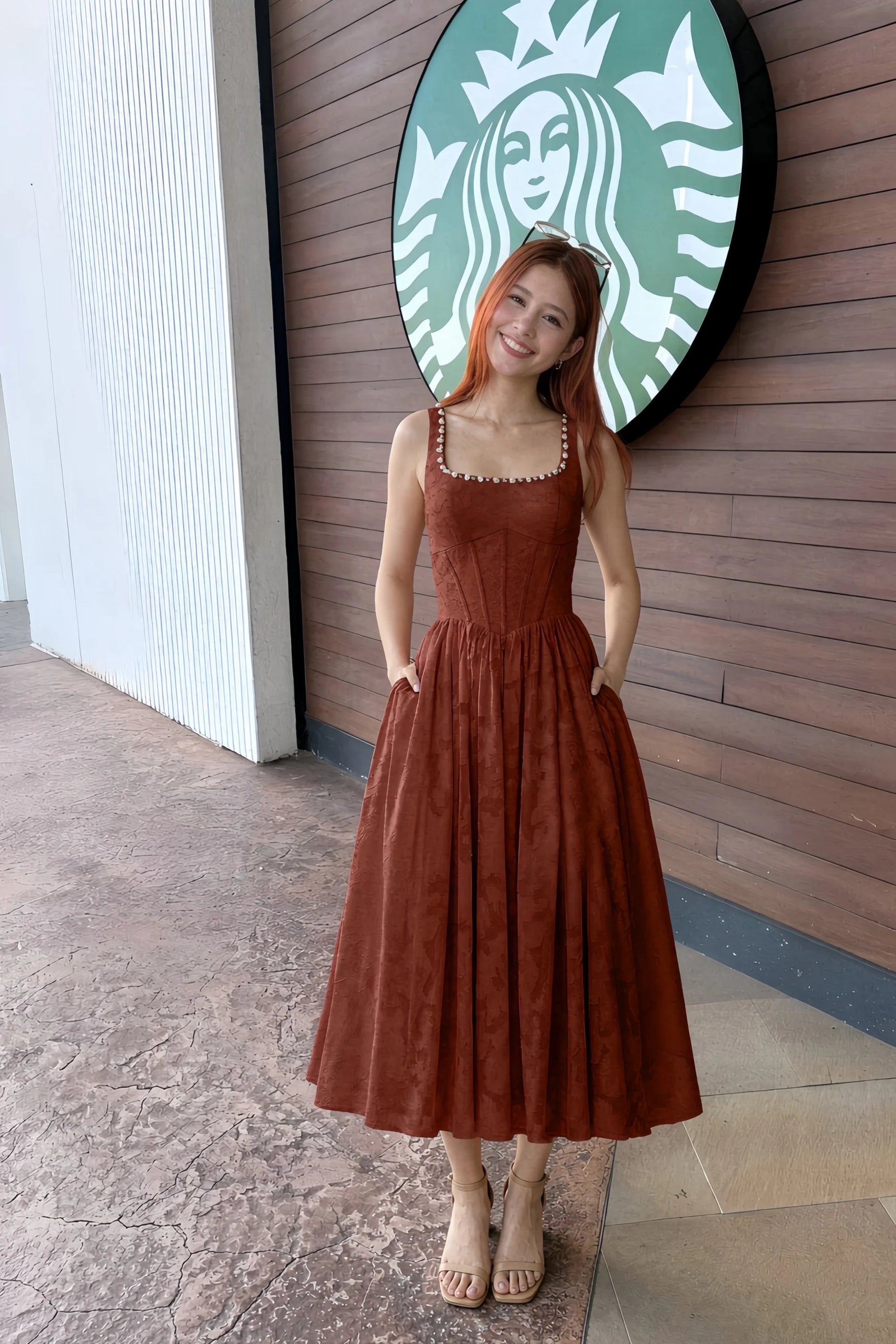 Alana Burnt Umber Jacquard Pearl Midi Dress with Pockets