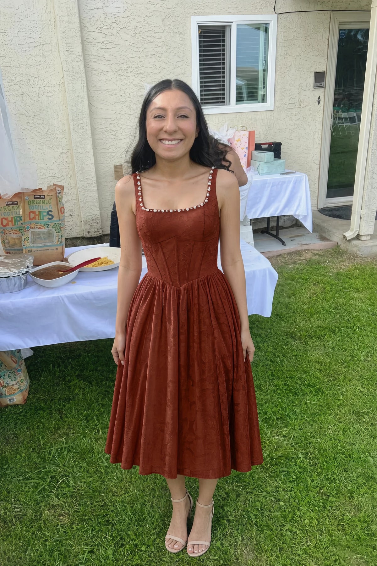 Alana Burnt Umber Jacquard Pearl Midi Dress with Pockets